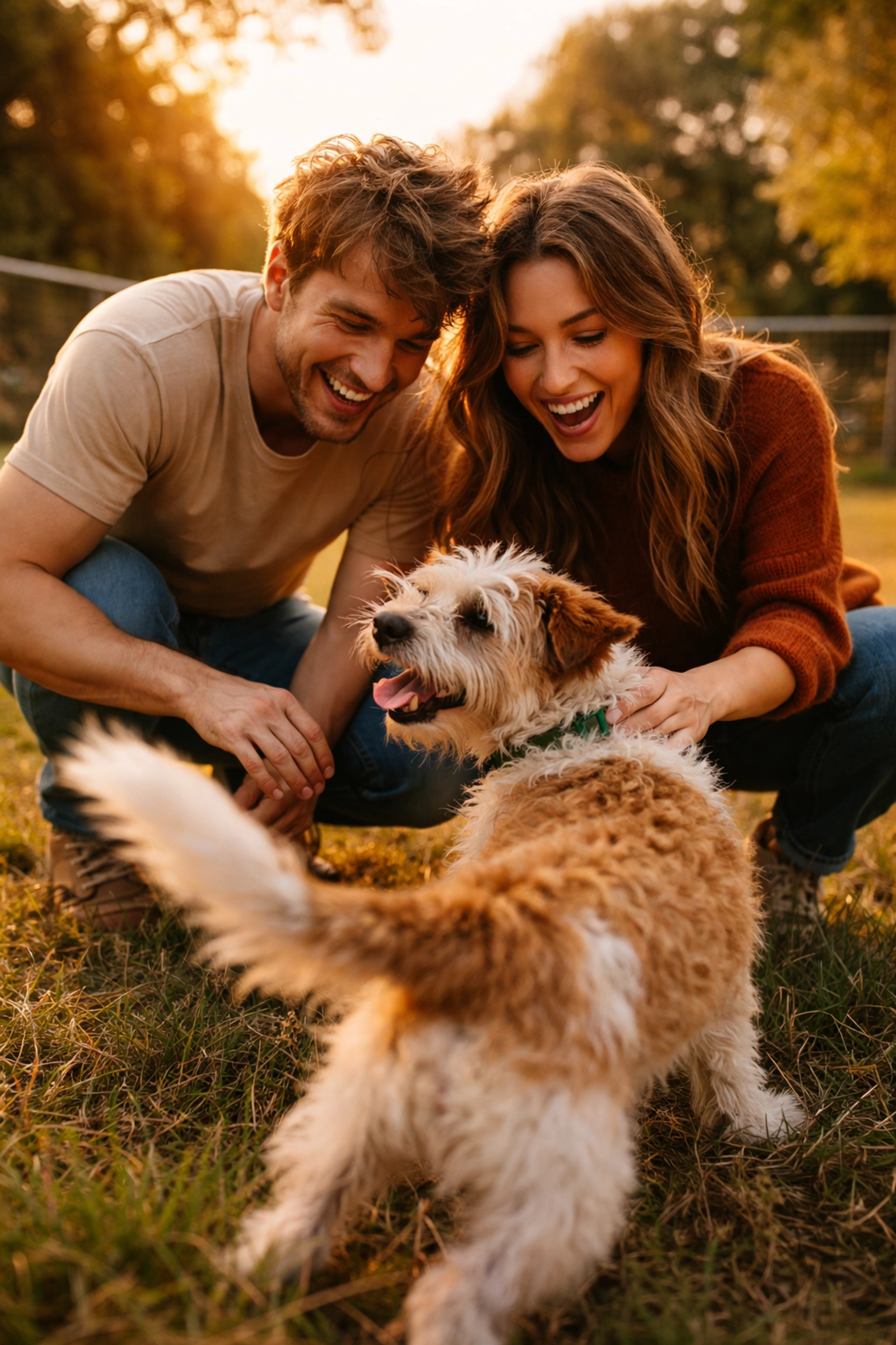 Couple joyfully meeting a rescue dog for the first time at a dog sanctuary