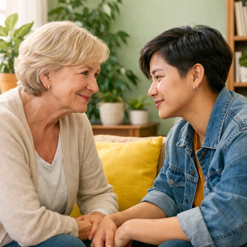 A counselor providing compassionate and affordable therapy in Georgia to a client in a bright, sunlit office.