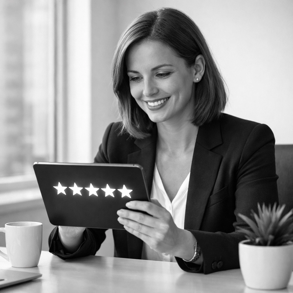 Real estate agent reviewing five-star client testimonials and online reputation