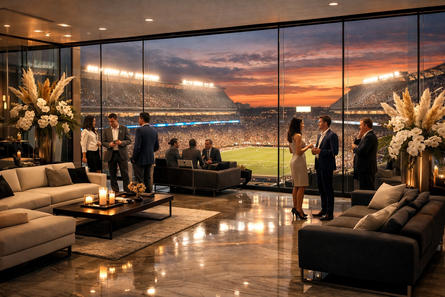 Luxury corporate pop-up lounge overlooking a stadium at sunset for an executive Super Bowl branding blitz.