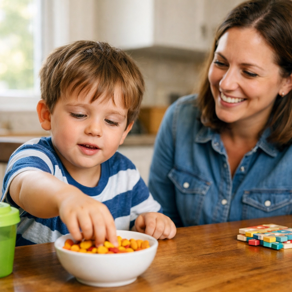 Child learning communication skills during snack time with naturalistic ABA therapist in Georgia