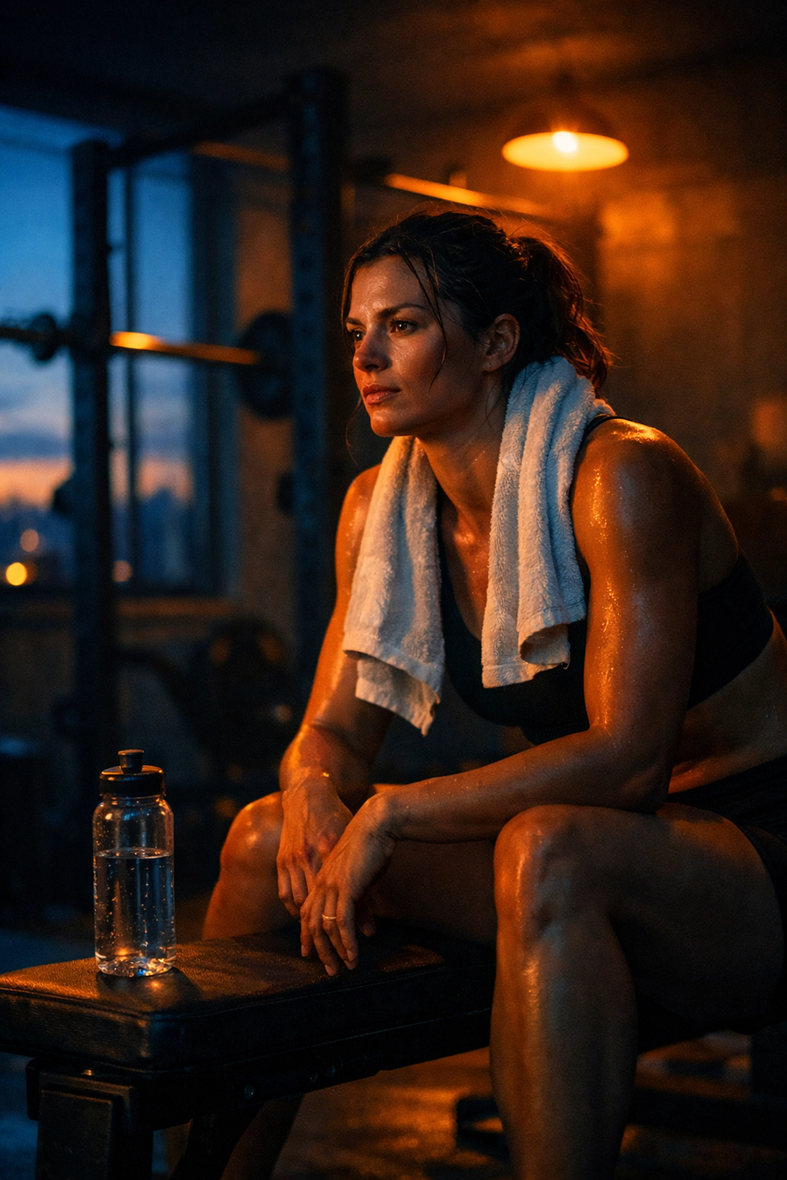 Athlete recovering after a full body workout at home using a versatile home gym setup.