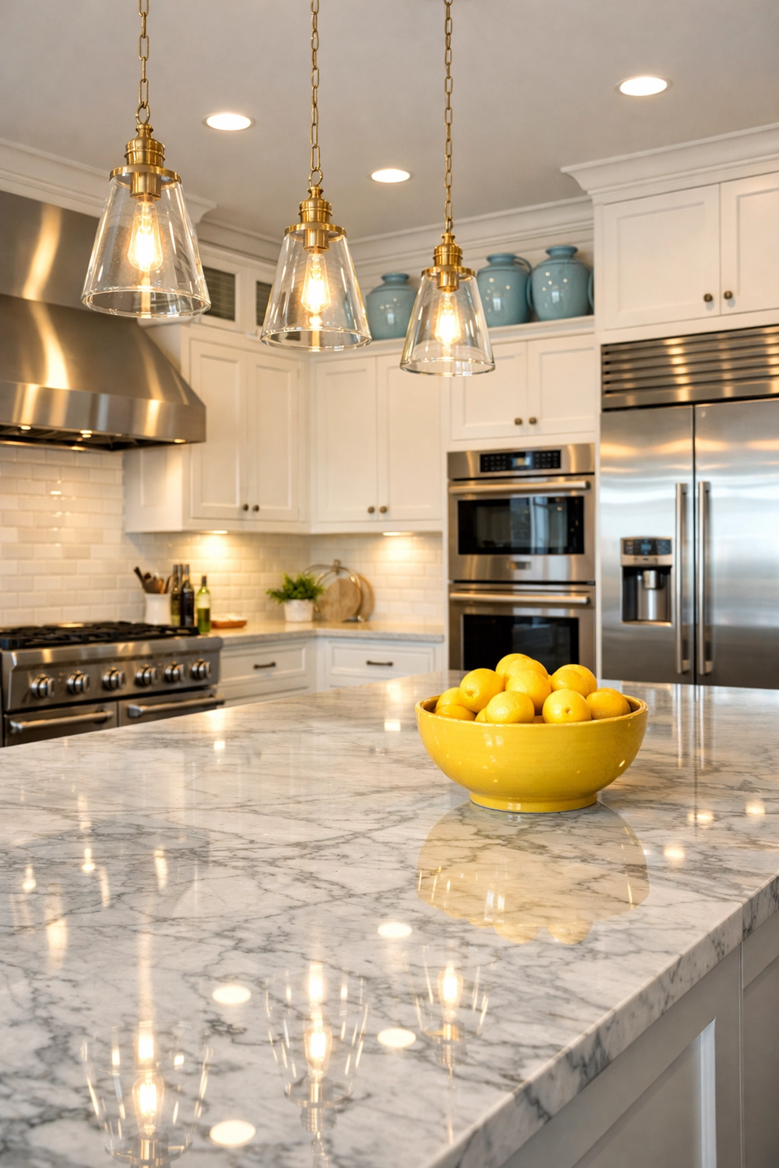 Pristine Medfield kitchen with polished marble counters after a luxury house cleaning service.
