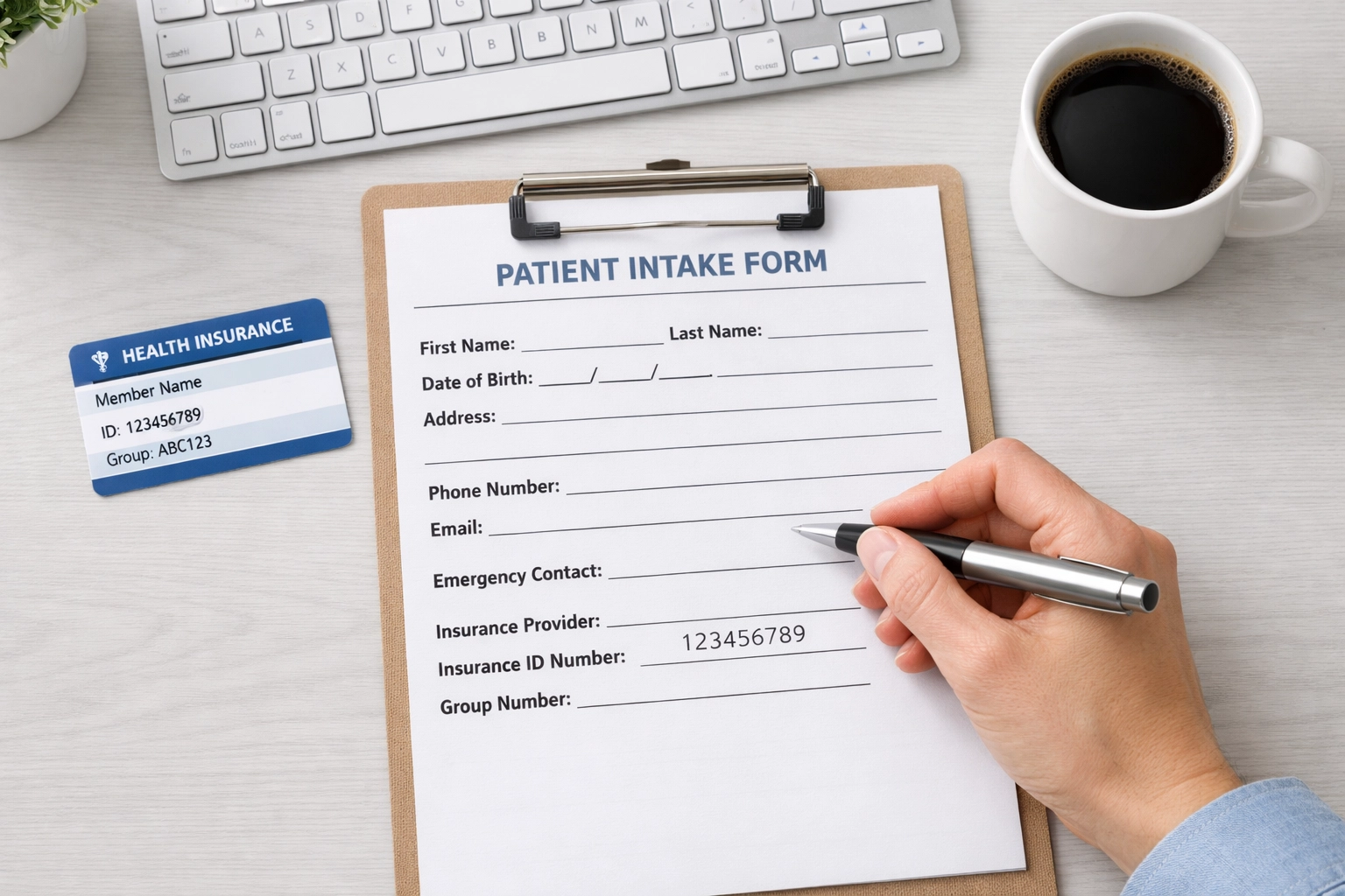 Medical office staff completing patient eligibility verification form with insurance card and computer