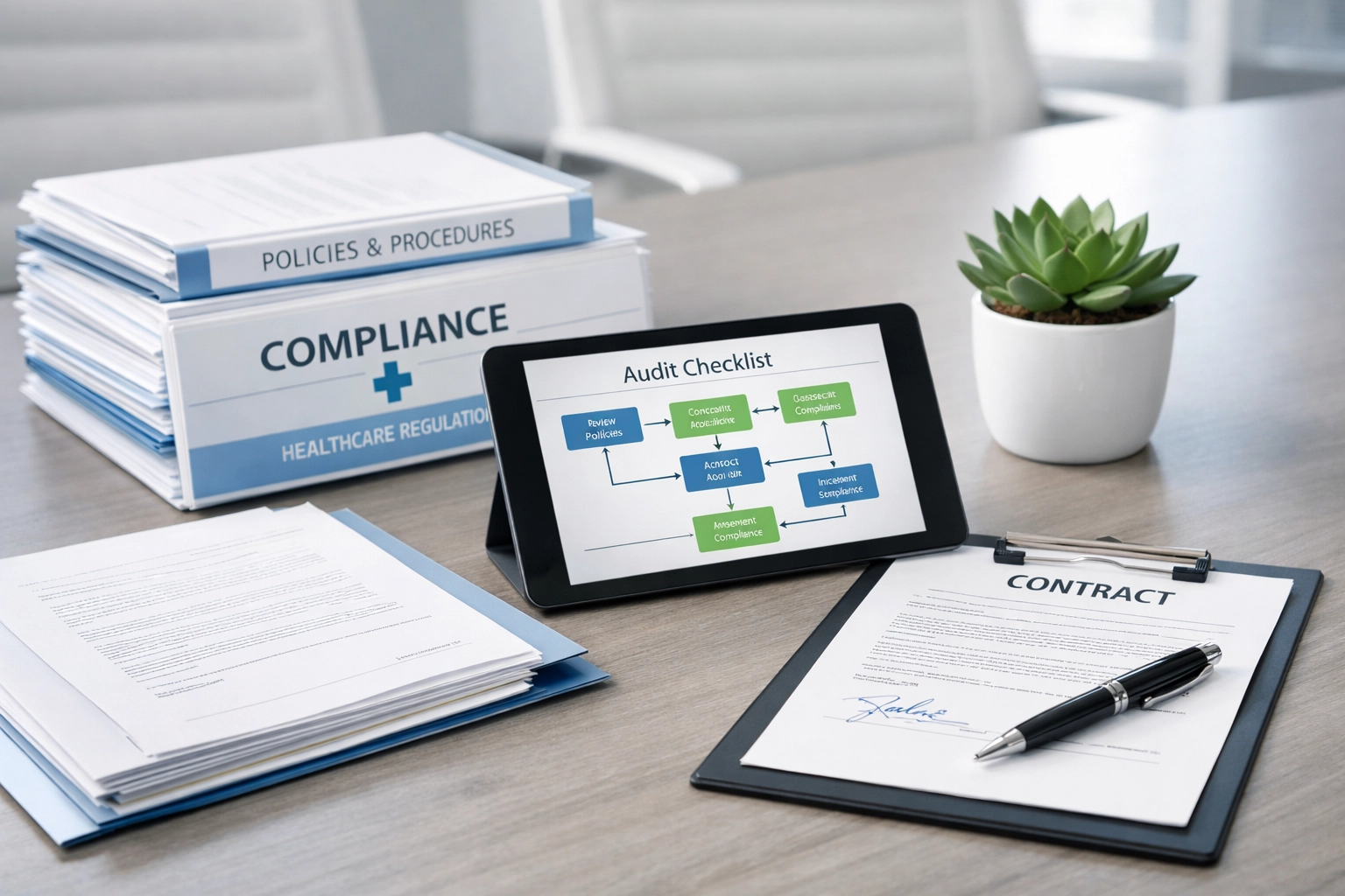 Organized compliance audit documents and checklist for healthcare referral network management