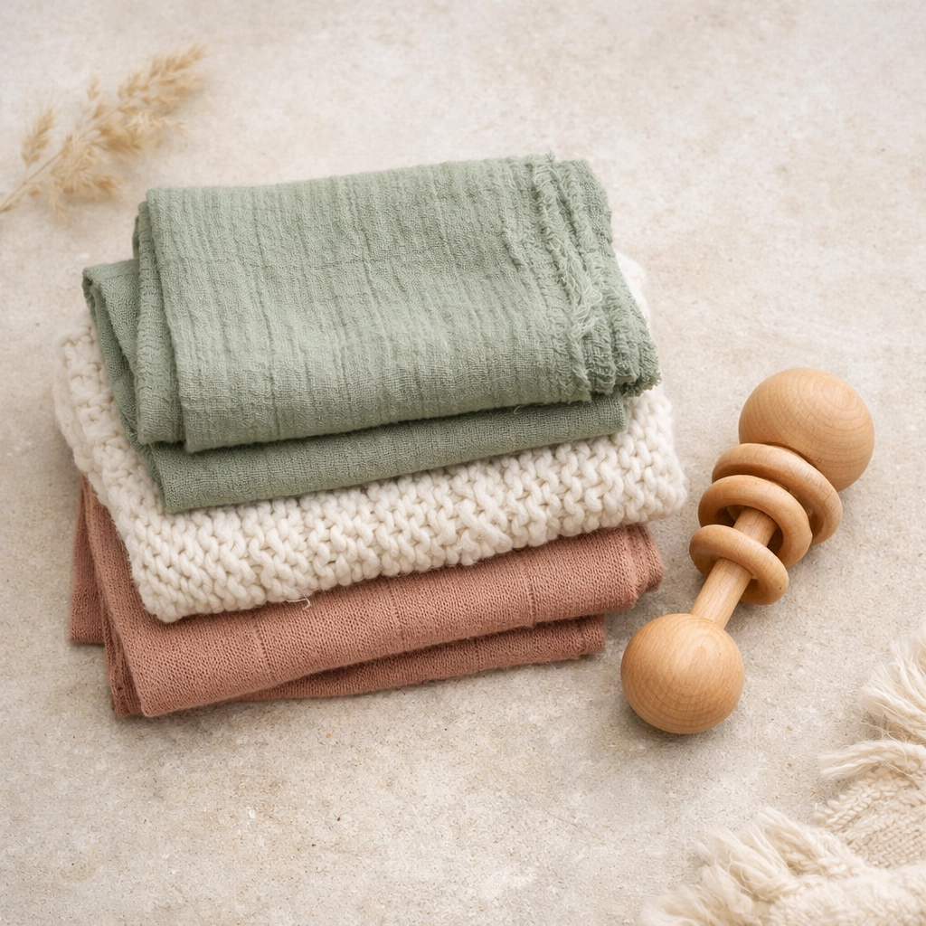 Soft muslin and wool newborn wraps in pastel tones for a Northern Beaches studio session.