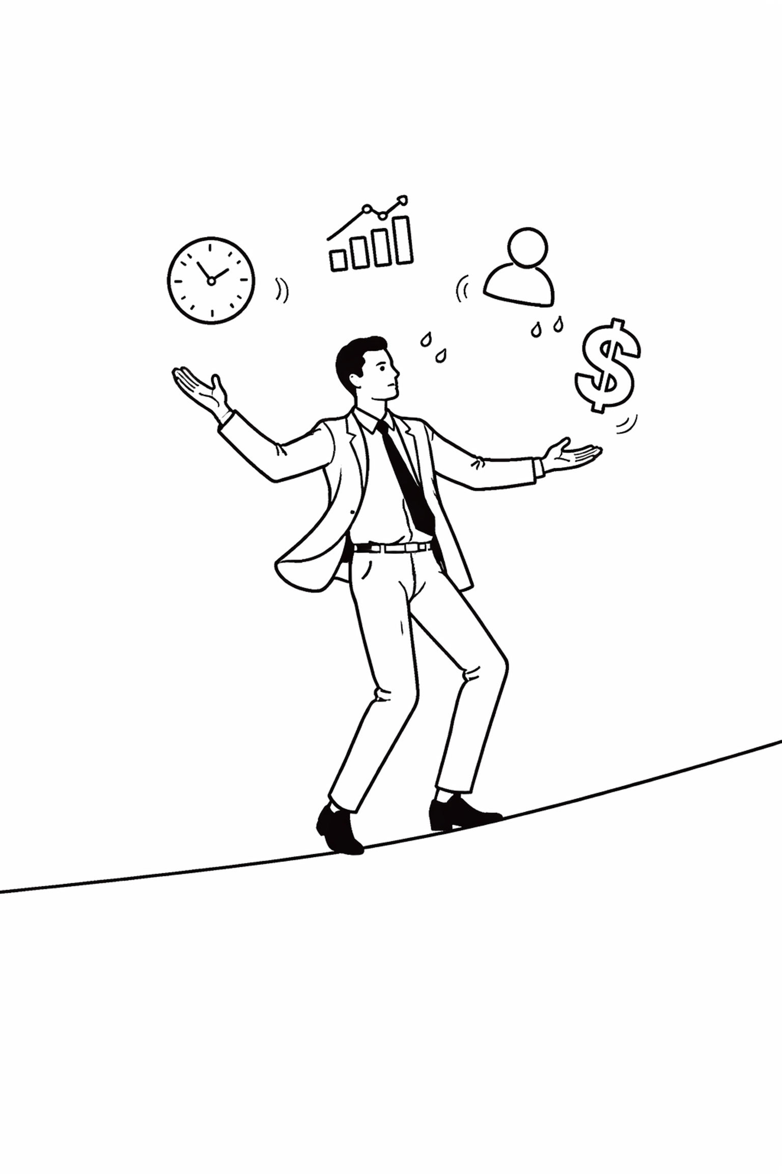 Line art of an overwhelmed business owner juggling tasks, illustrating leadership stress and business coaching needs