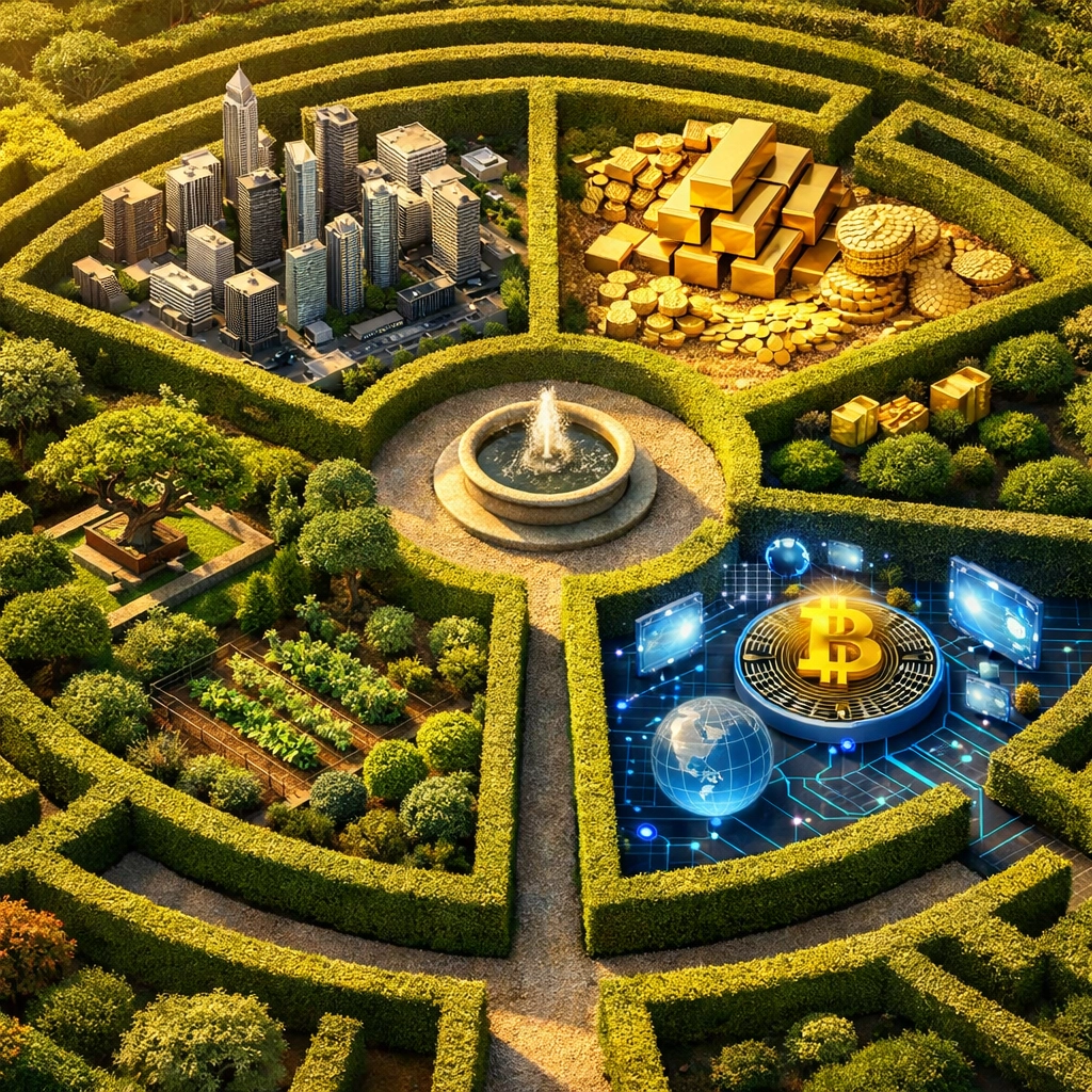 Diversified investment portfolio with equities, real estate, commodities, and digital assets