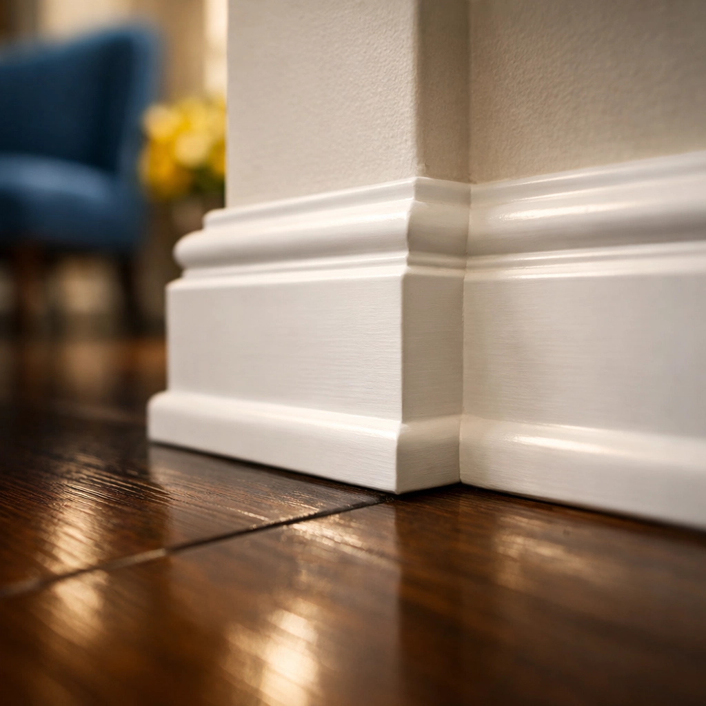 Spotless white baseboards and hardwood floors after a professional deep cleaning Worcester service session.