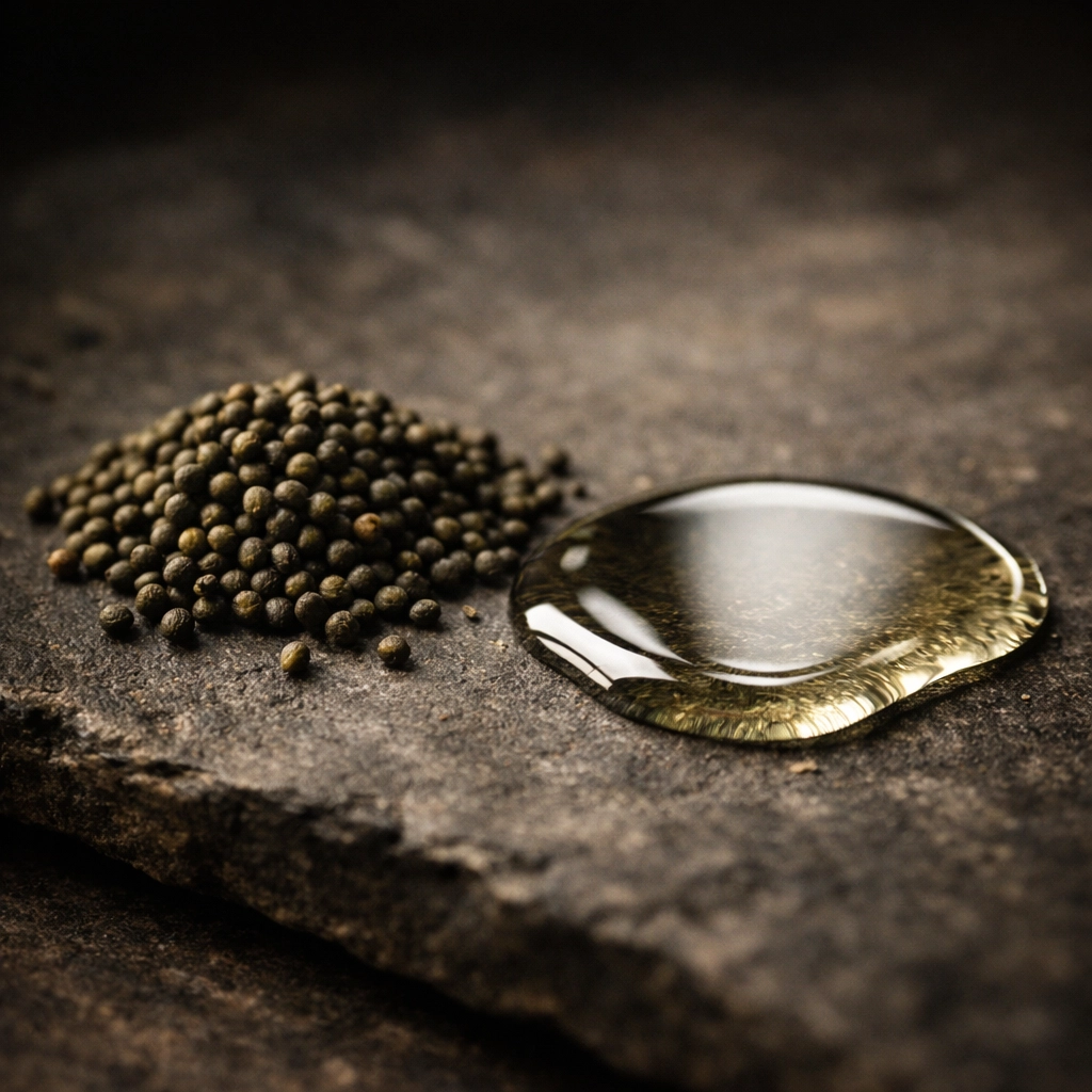 Cold-pressed broccoli seeds and carrier oil ingredients for high-quality beard grooming.