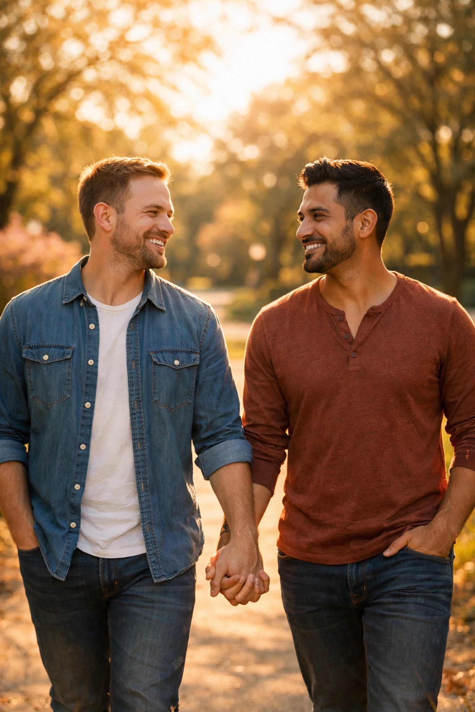 Gay couple holding hands walking together showing commitment and lasting love