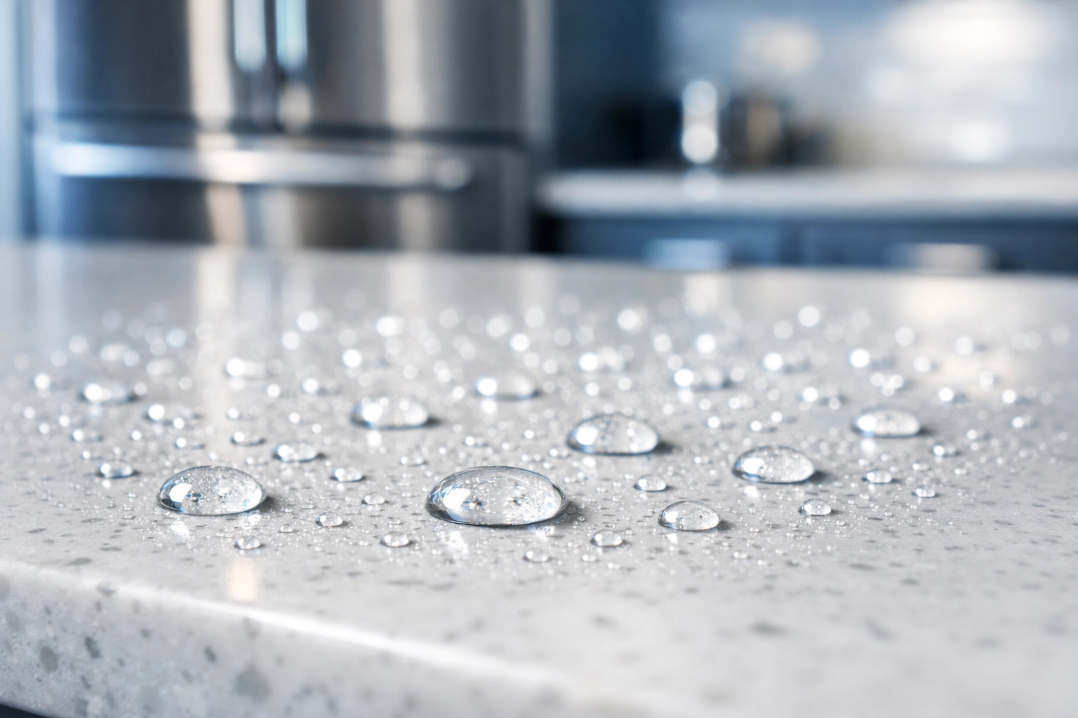 Eco-friendly disinfectant dwelling on a luxury quartz kitchen island for effective Hingham home cleaning.