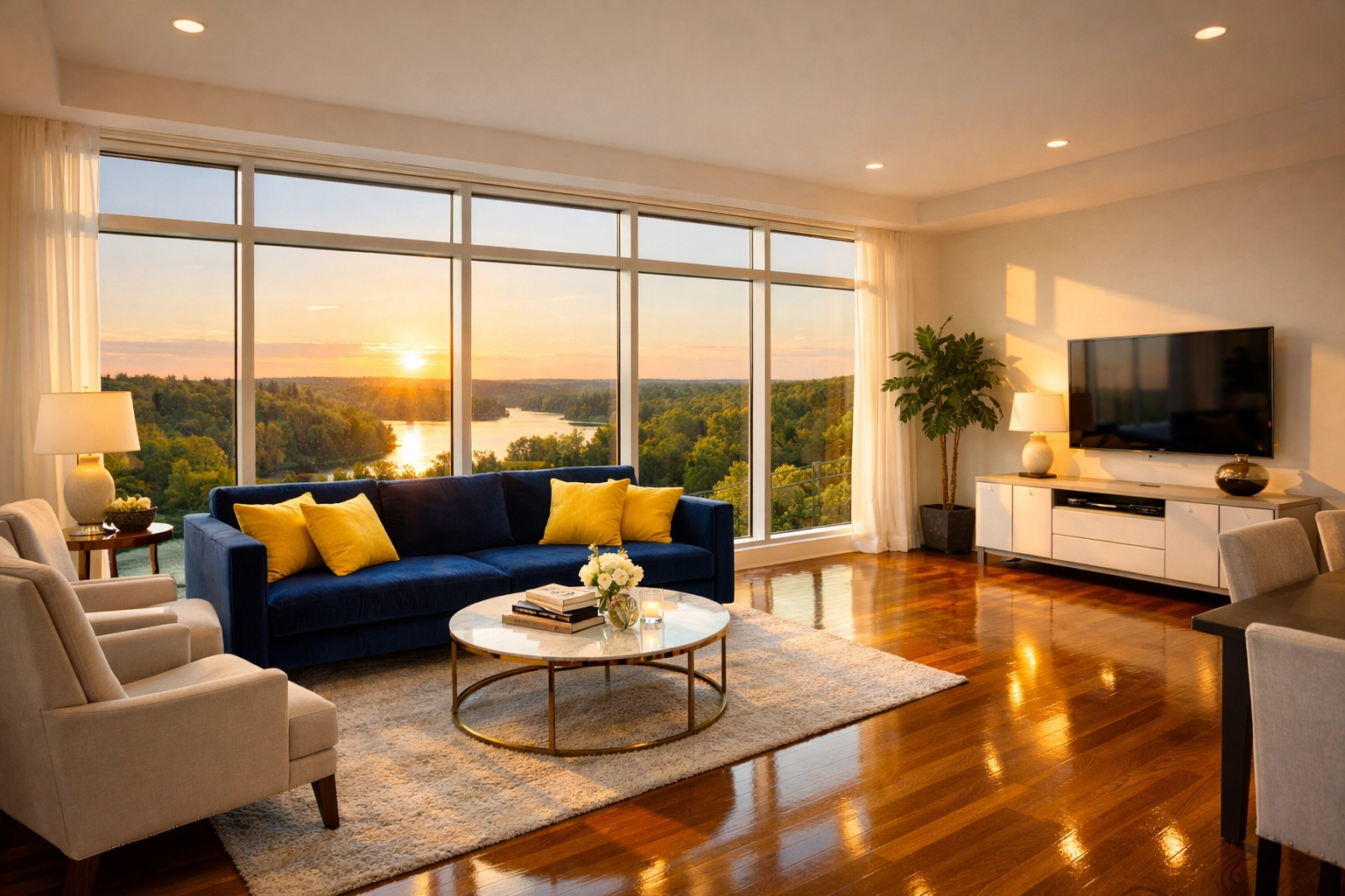 Sunlight reflecting off clean floors in a luxury Massachusetts home after an apartment cleaning Southborough visit.