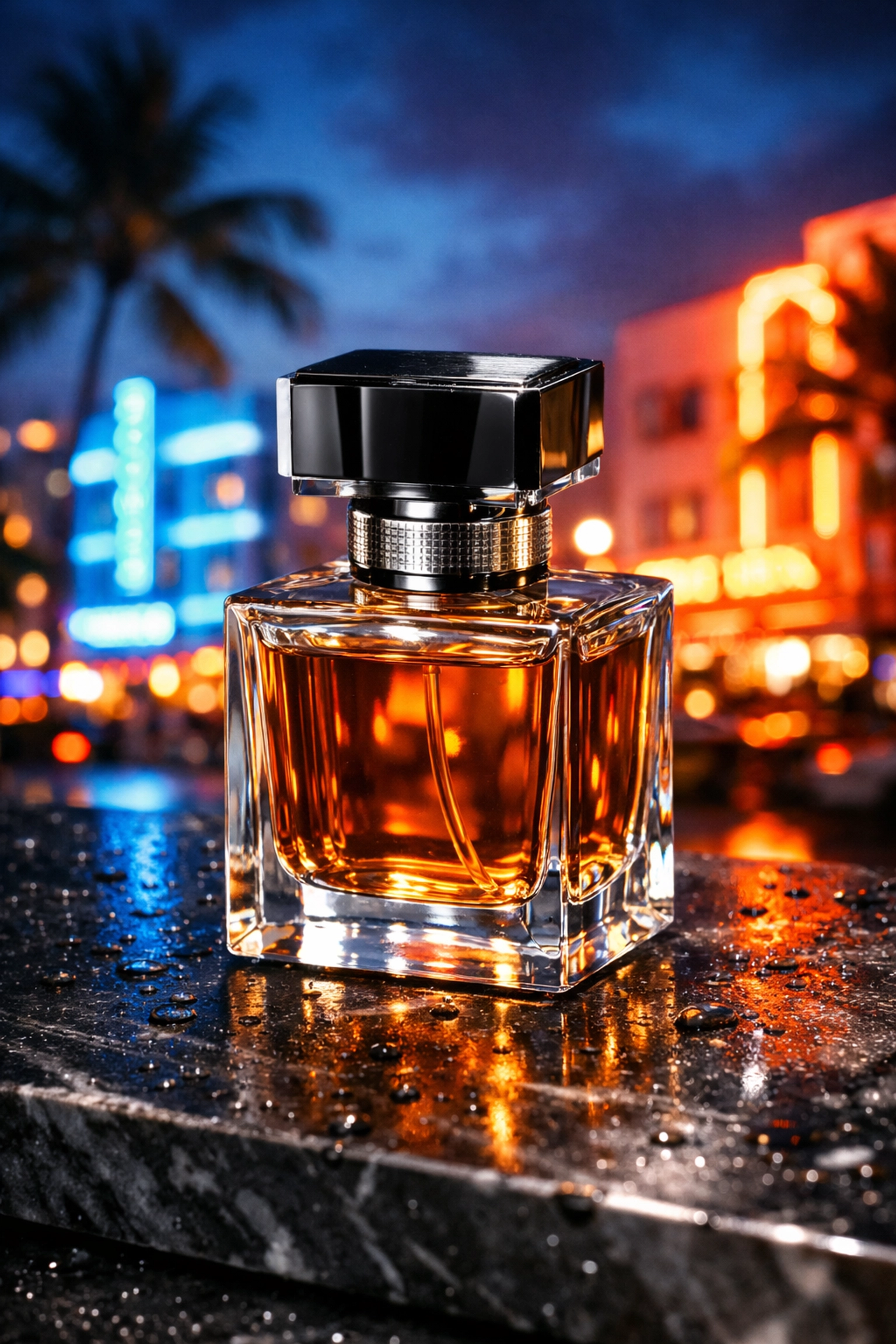 High-end luxury product photography showcasing a fragrance bottle against Miami's iconic neon lights.