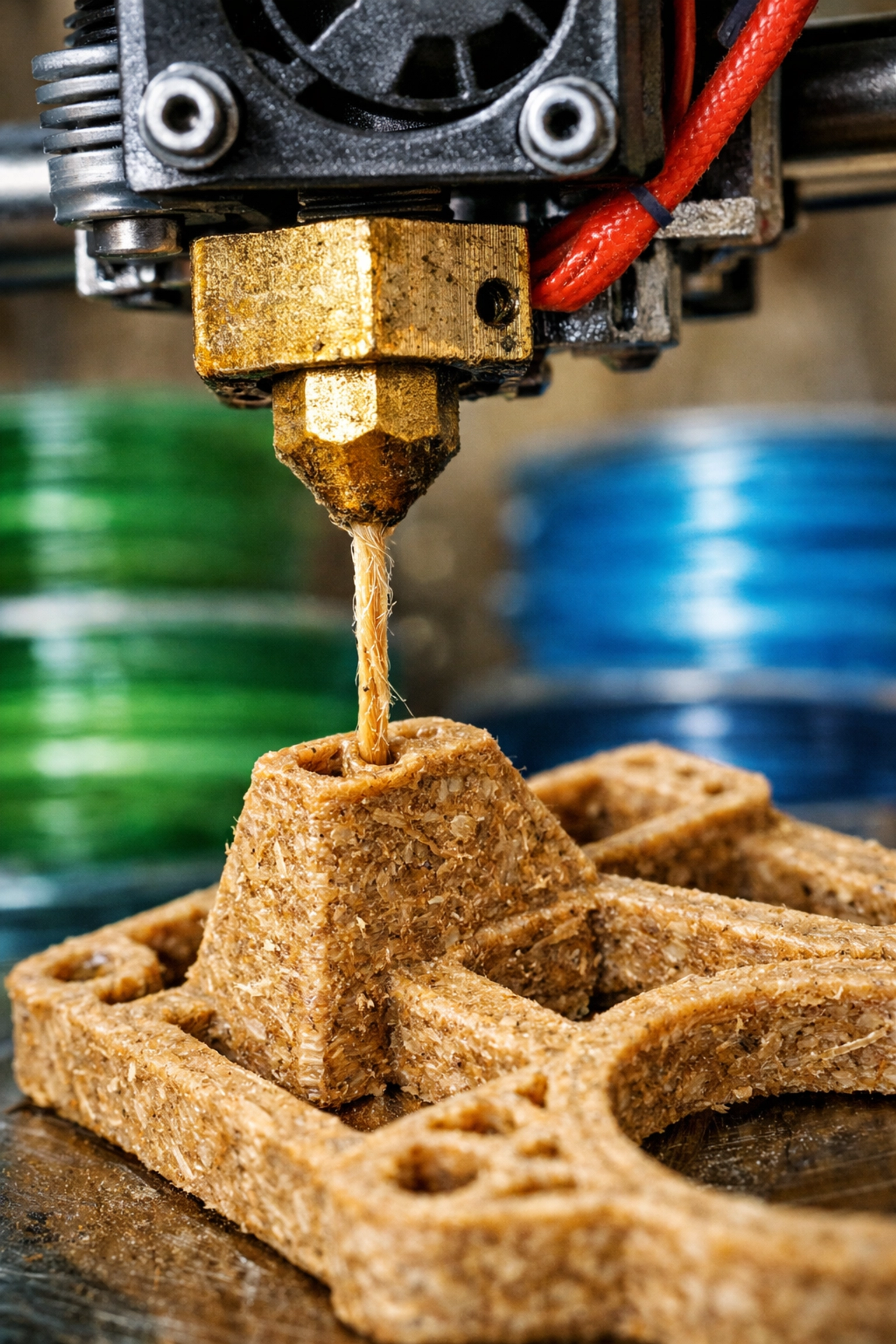 3D printer nozzle using mycelium bio-filament to manufacture sustainable replacement parts for home appliances.