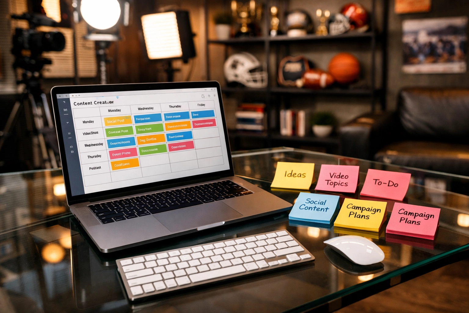 Content calendar planning station for sports marketing press automation system