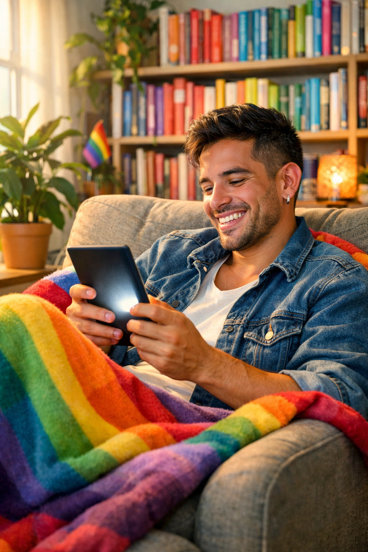 A modern man relaxing at home while reading a gay romance eBook on his tablet with a rainbow blanket.
