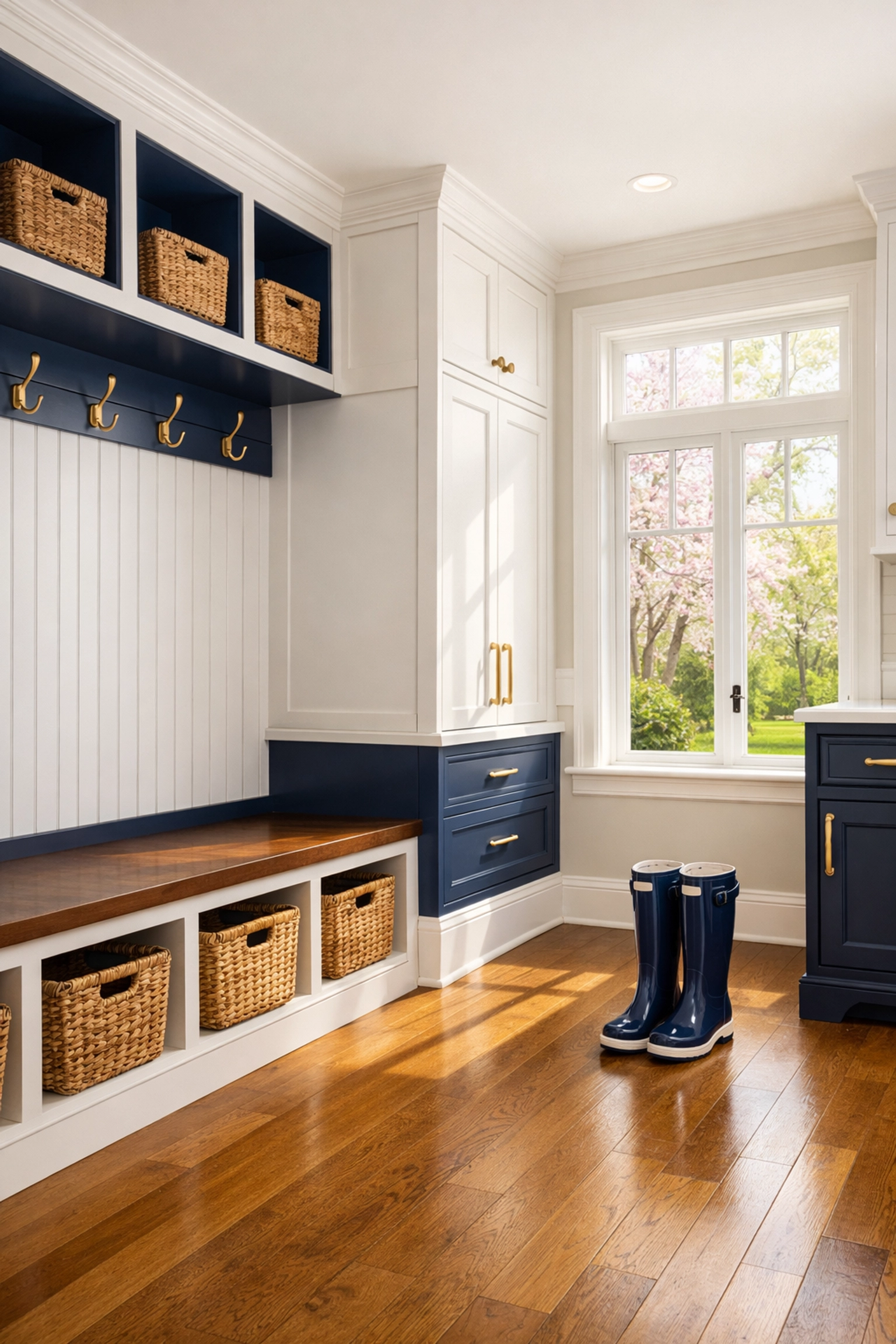 Organized and decluttered Harvard home mudroom prepared for spring cleaning.