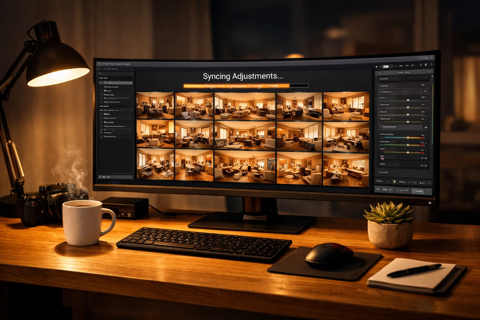 Batch processing a grid of images on a monitor to streamline a professional photo editing workflow.