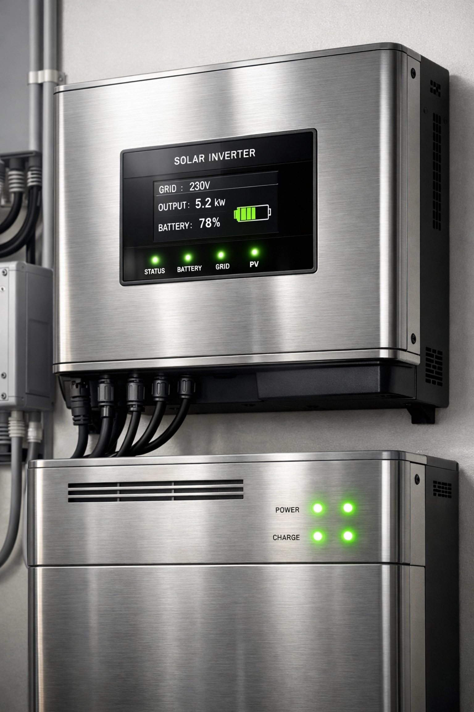 Professional commercial solar inverter and battery storage system installed in a business utility room.