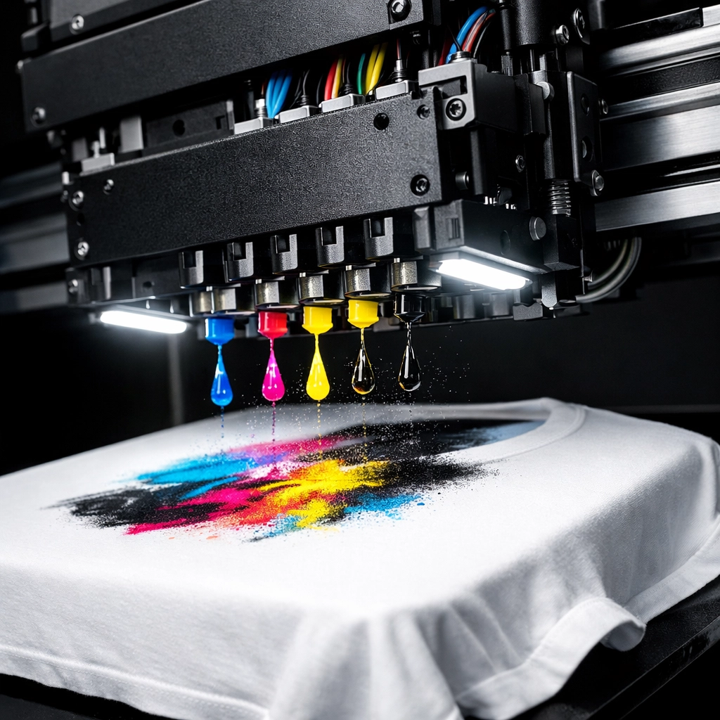 DTG printing machine applying ink to white t-shirt during direct to garment printing process