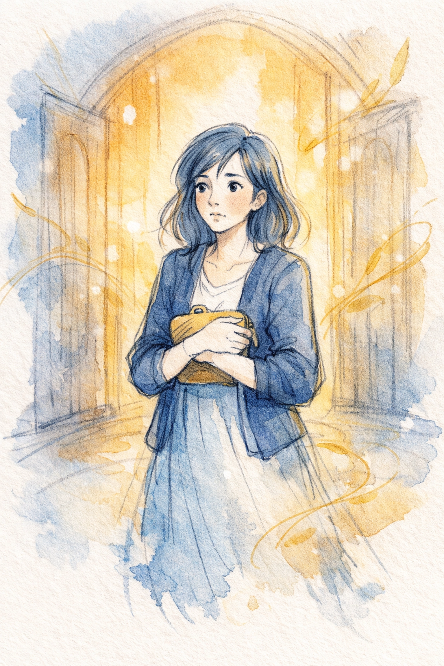 Anxious first-time church visitor standing at entrance, clutching purse with hopeful expression