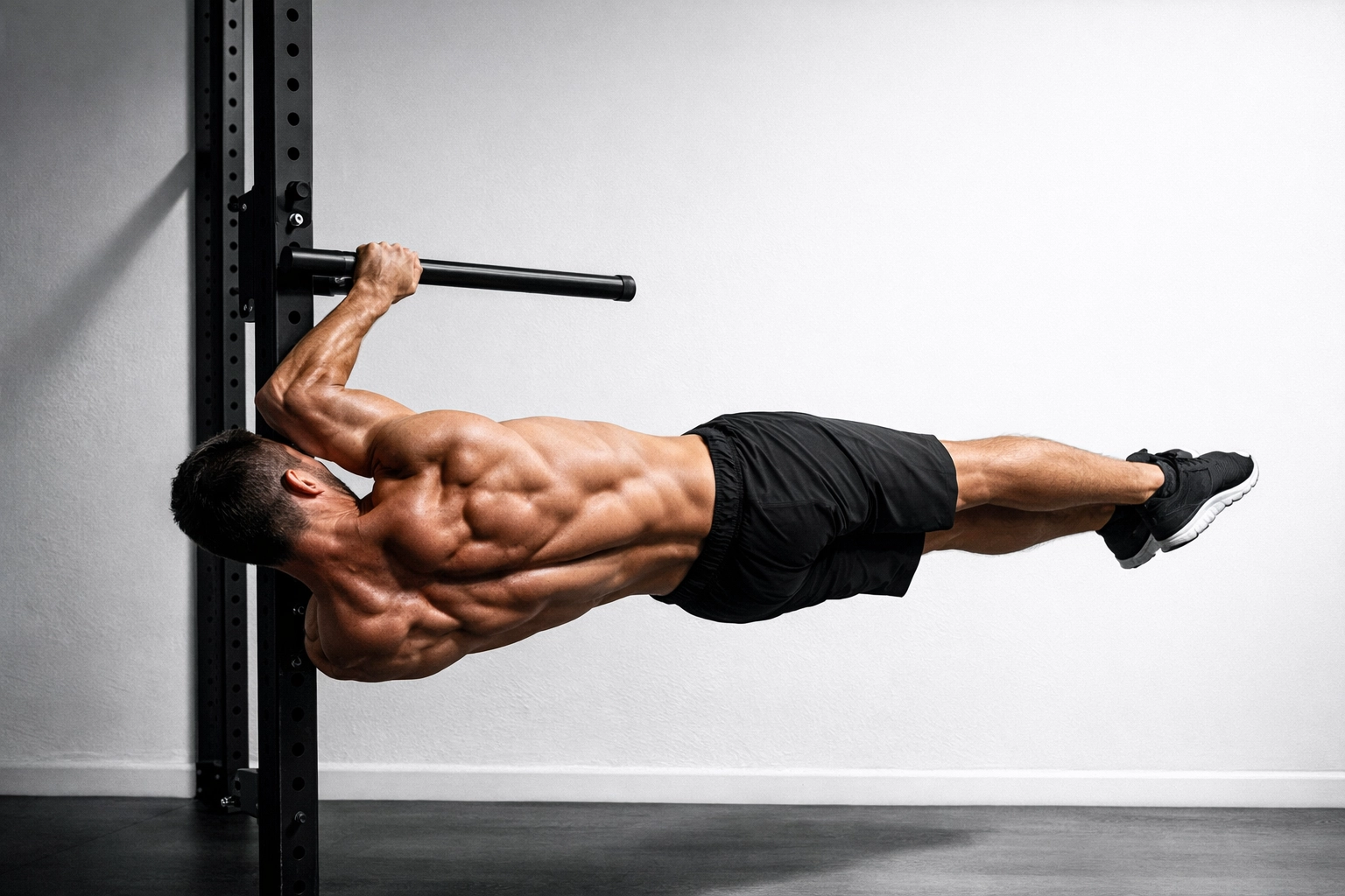 Calisthenics athlete performing a human flag on a floor-to-ceiling home gym rail for core strength.