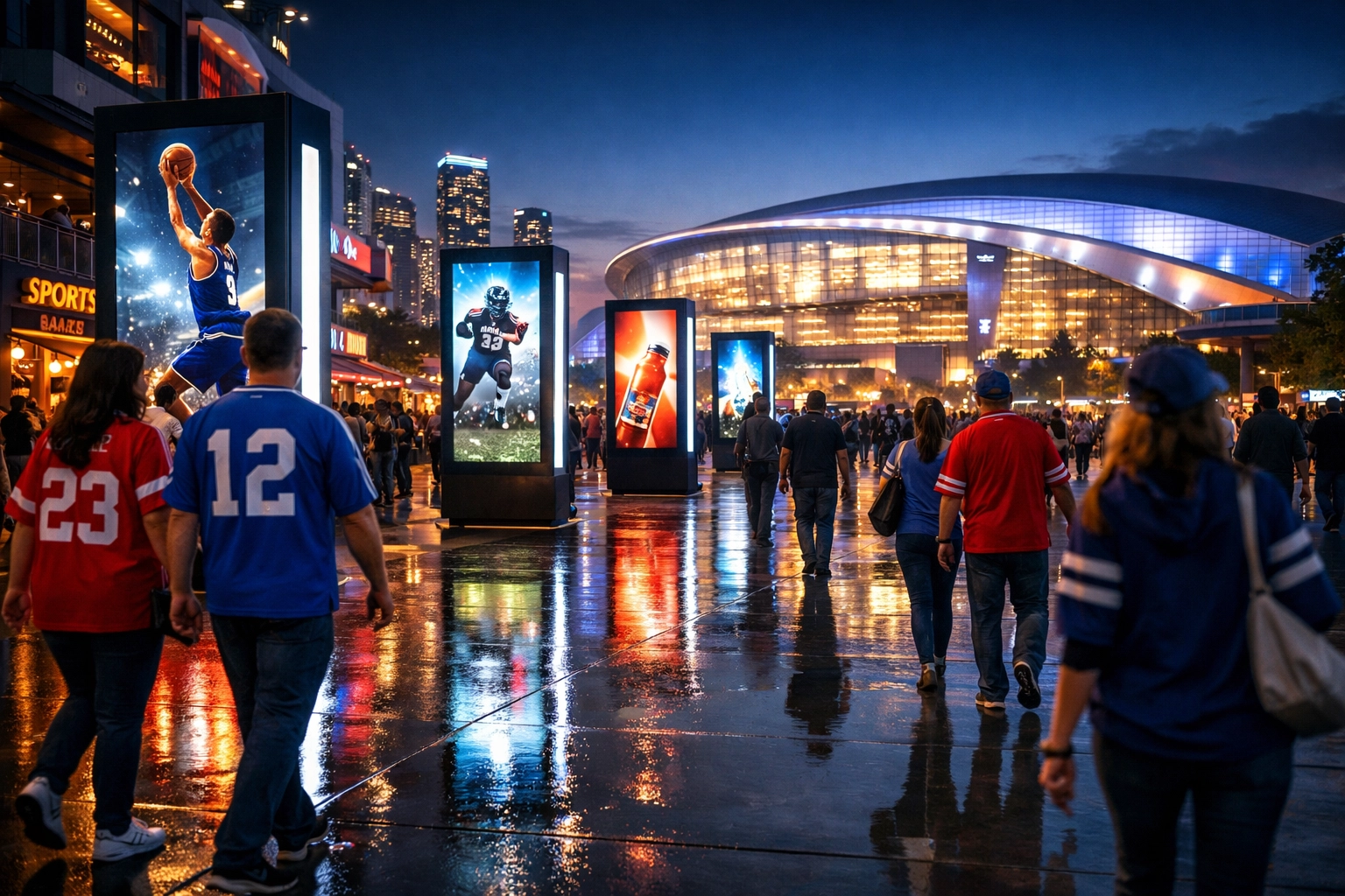 Fans in jerseys walking past digital advertising displays in a sports stadium district