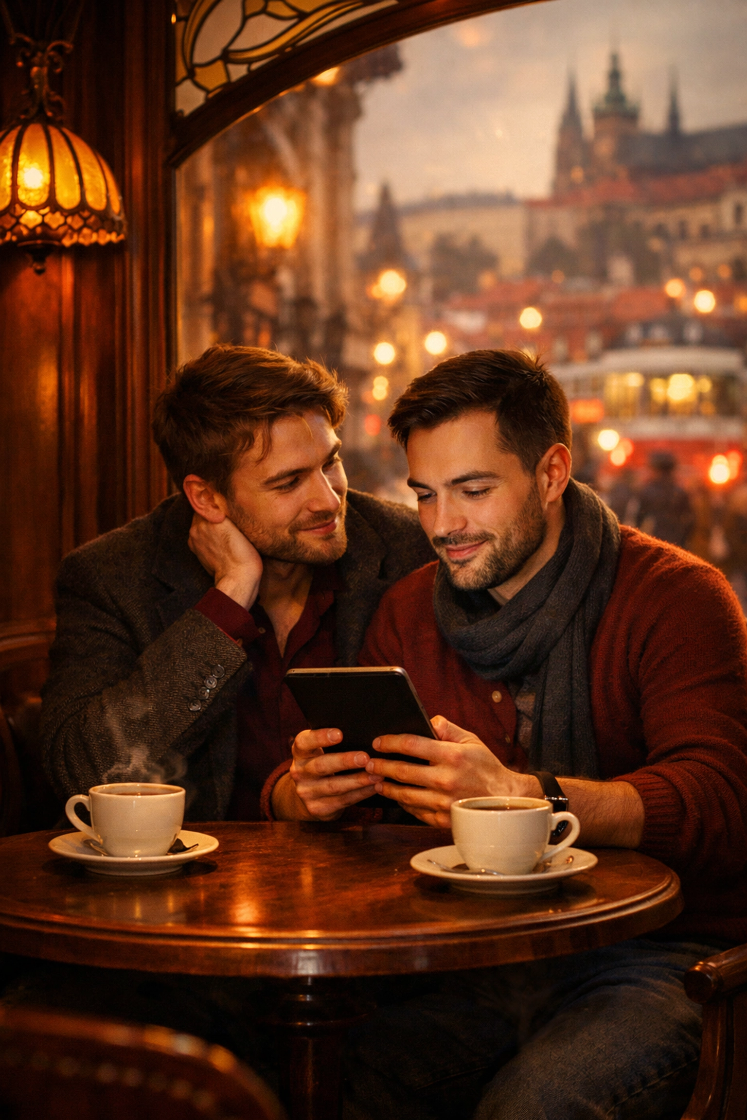 Gay couple reading MM romance books at cozy Prague café with coffee
