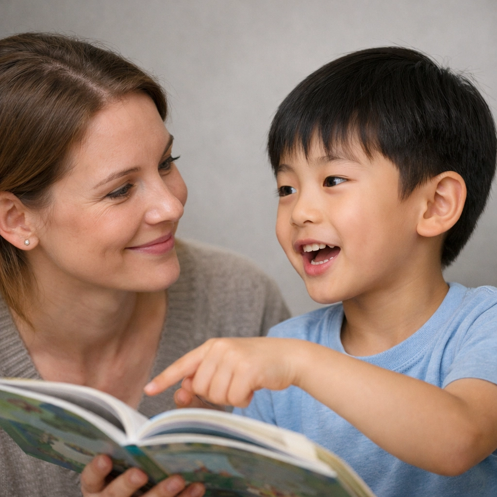Juf voert een inhoudelijk gesprek met een leerling over leesplezier en boekkeuze.
