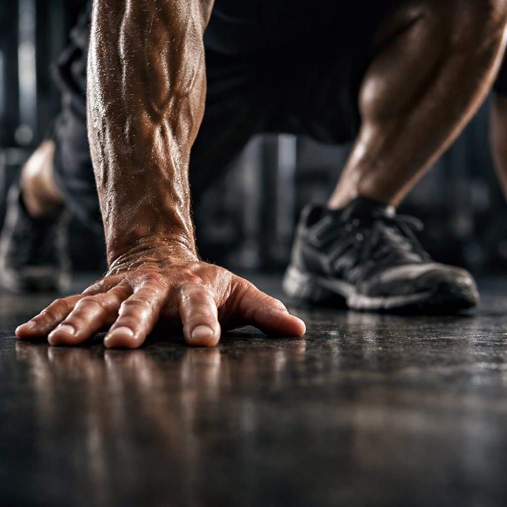 Athlete's hands and feet planted on the ground demonstrating internal stability and functional bodyweight strength.