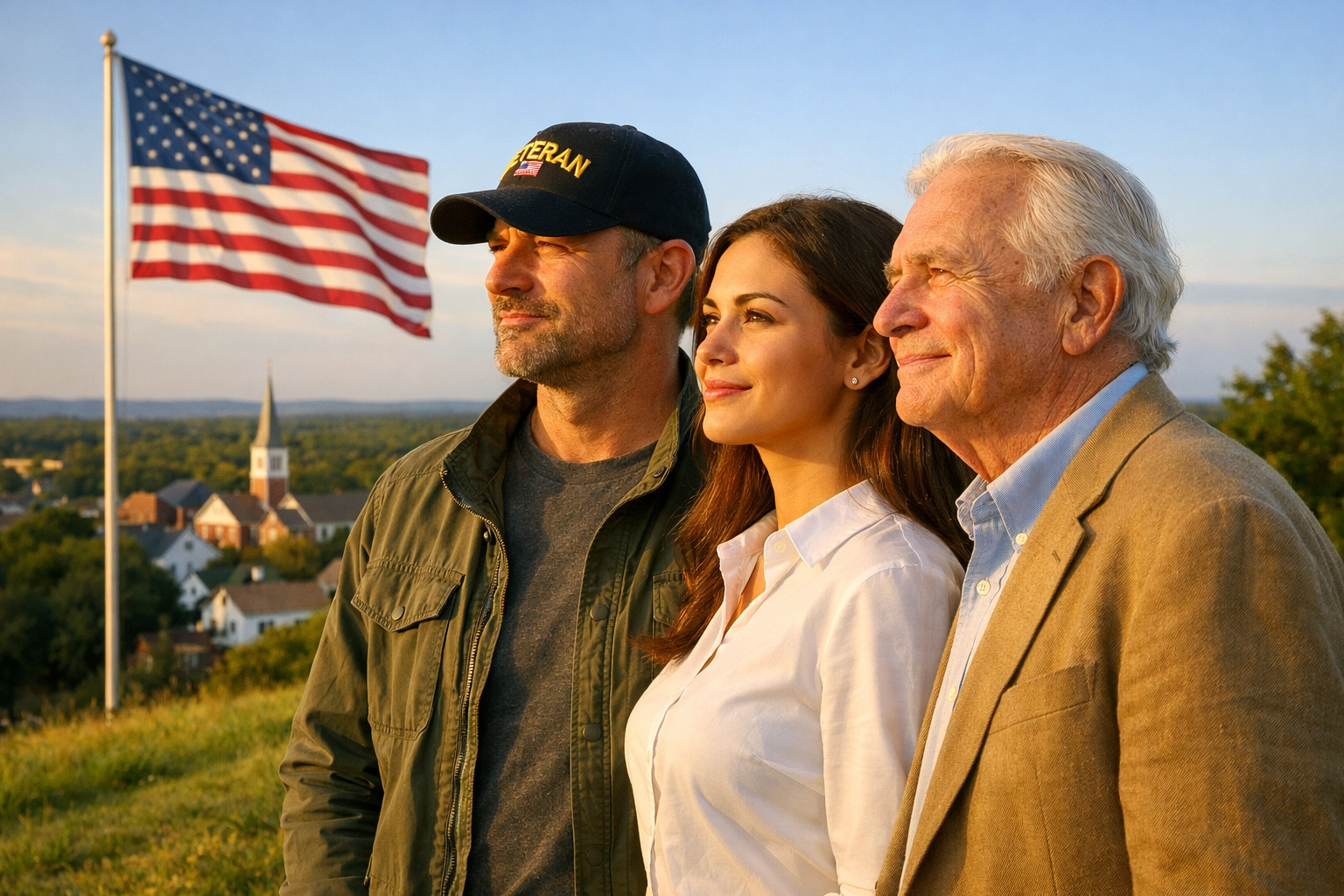 A diverse group of community leaders united by civic duty overlooking an American town with the flag.