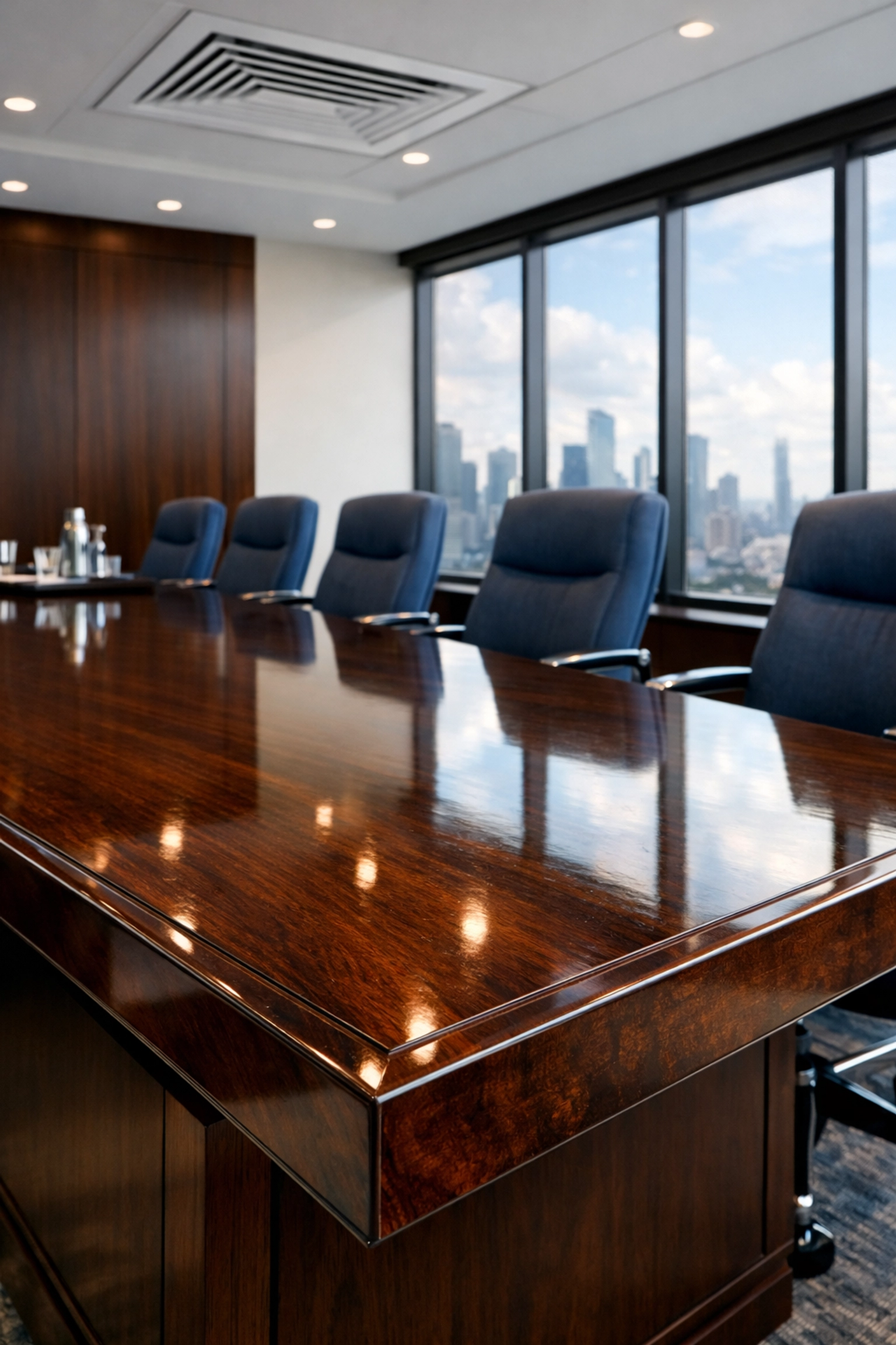 Polished conference table and clean air vents in a high-end executive office boardroom.