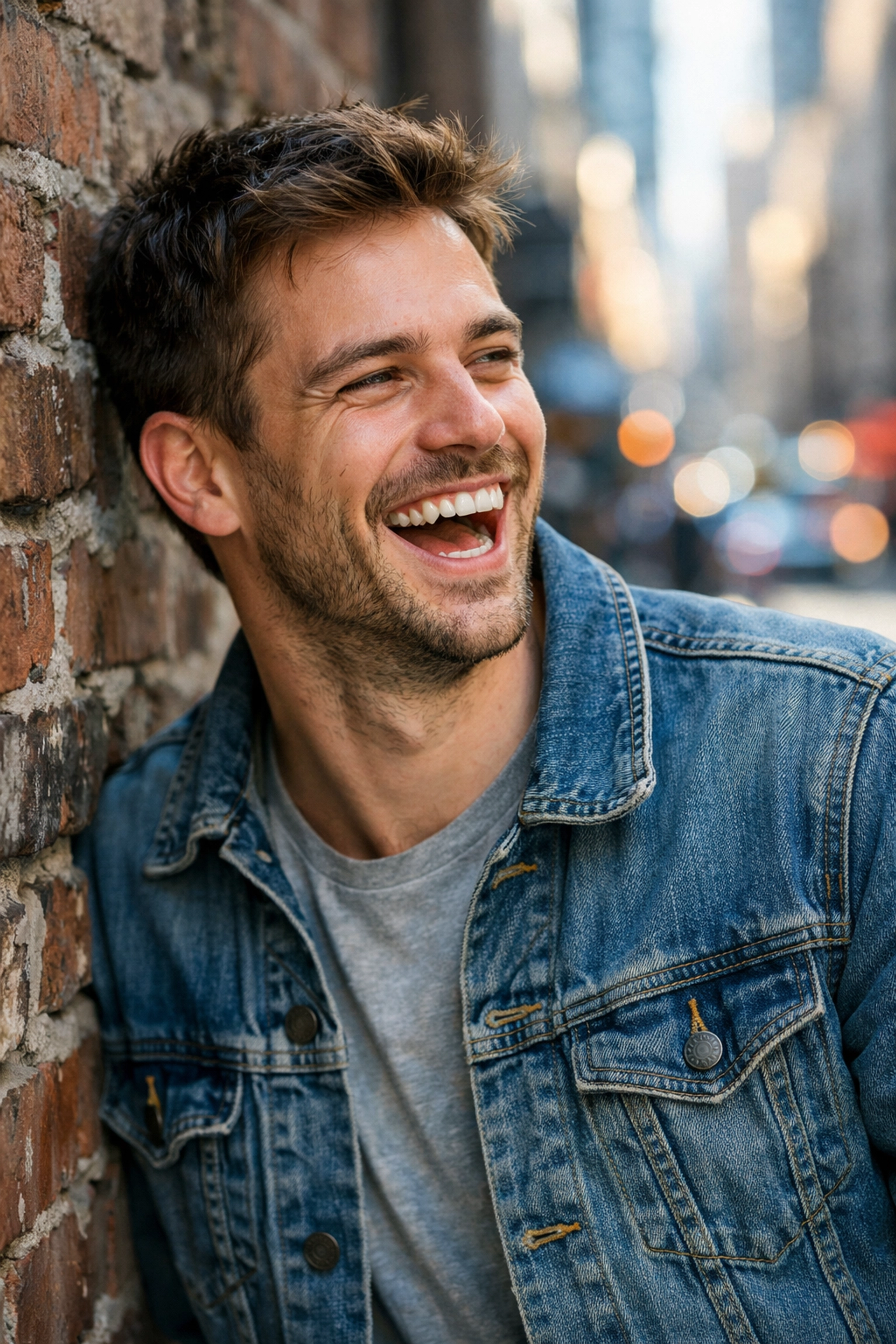 Candid urban portrait photography of a man laughing, showcasing natural posing in a city setting.