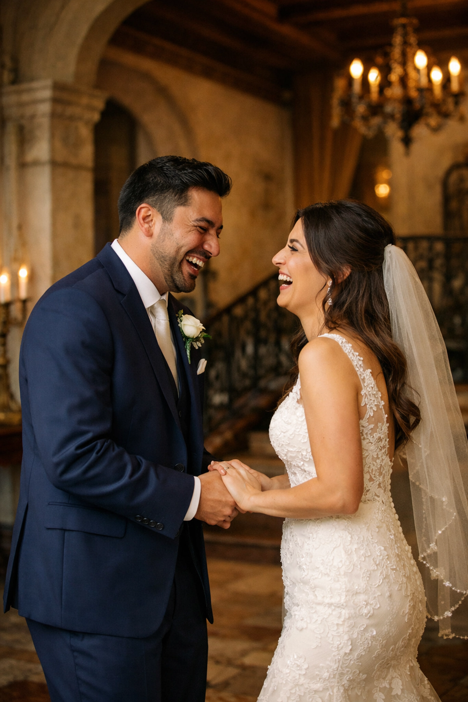 Couple sharing first look moment at Bella House 1873 wedding venue