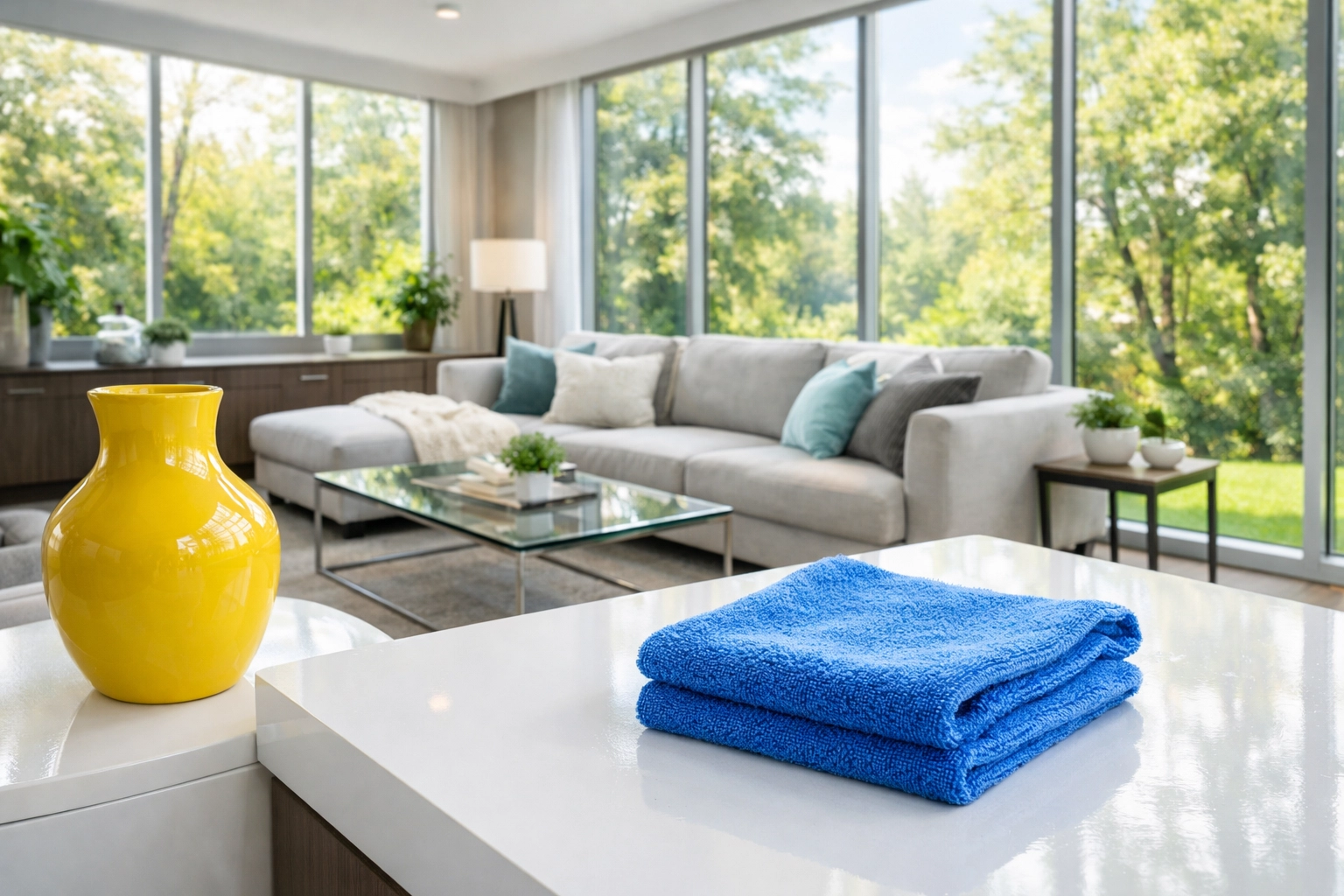 A spotless living room featuring a blue microfiber cleaning cloth on a modern side table.