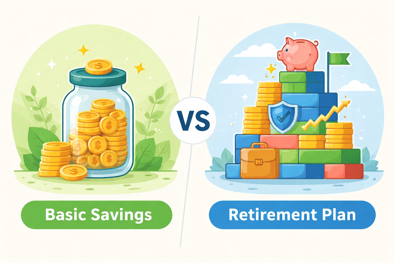 A comparison of basic savings versus employer retirement plans, illustrating 2026 retirement contribution options.