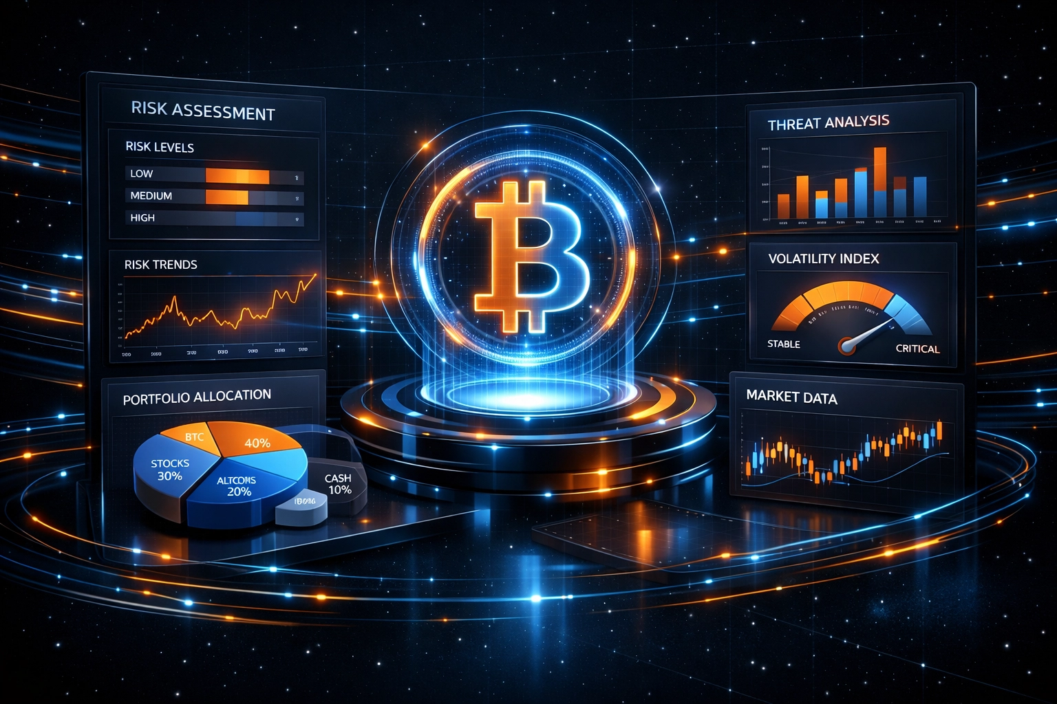 Bitcoin portfolio risk assessment dashboard showing allocation percentages and volatility metrics