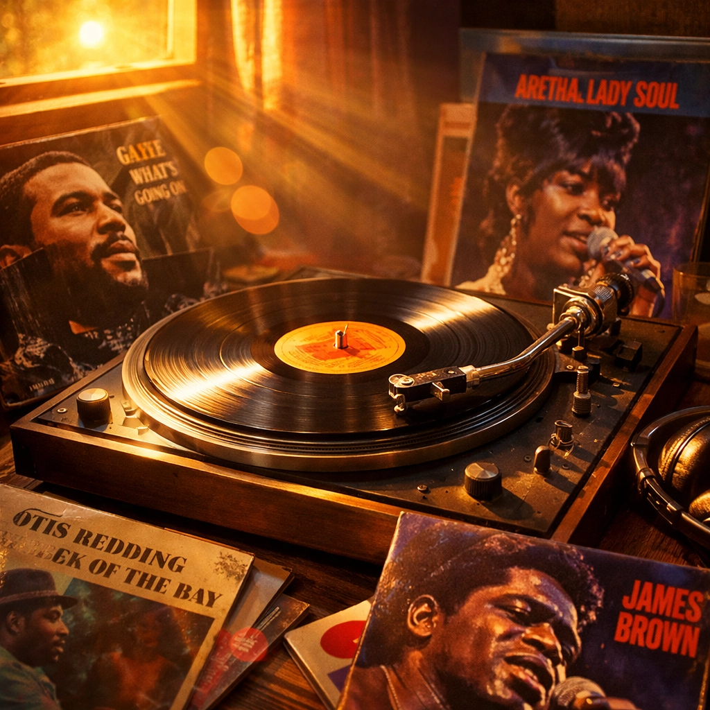 Vintage record player with classic soul albums representing LGBTQ+ music culture