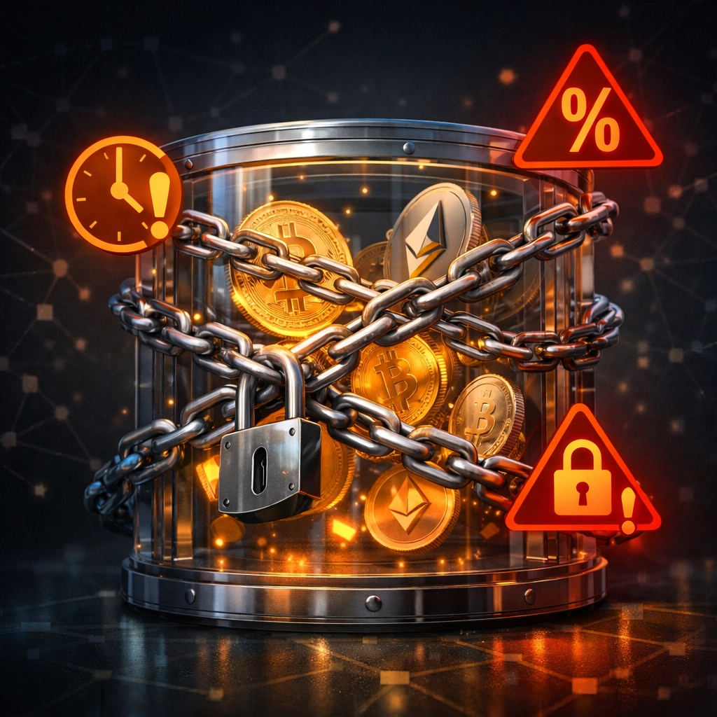 Cryptocurrency coins locked in vault showing custodial platform restrictions and hidden costs