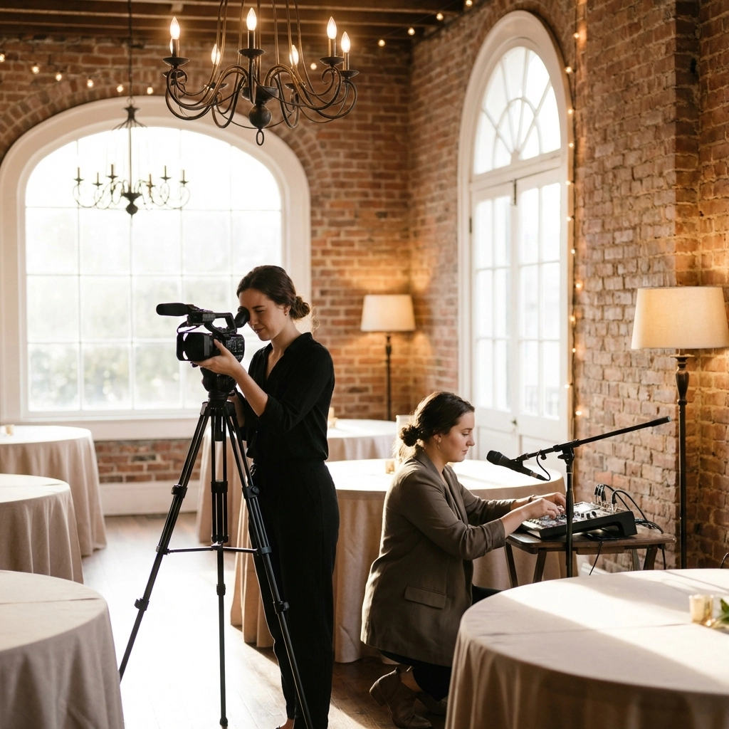 Two women videographers collaborate at an elegant New Orleans wedding venue with natural light streaming in