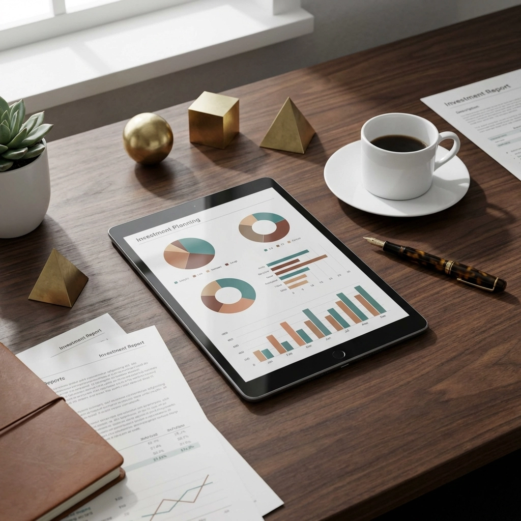 Investment planning scene with pie charts and financial tools, showing practical implementation of the 40/30/30 portfolio model.