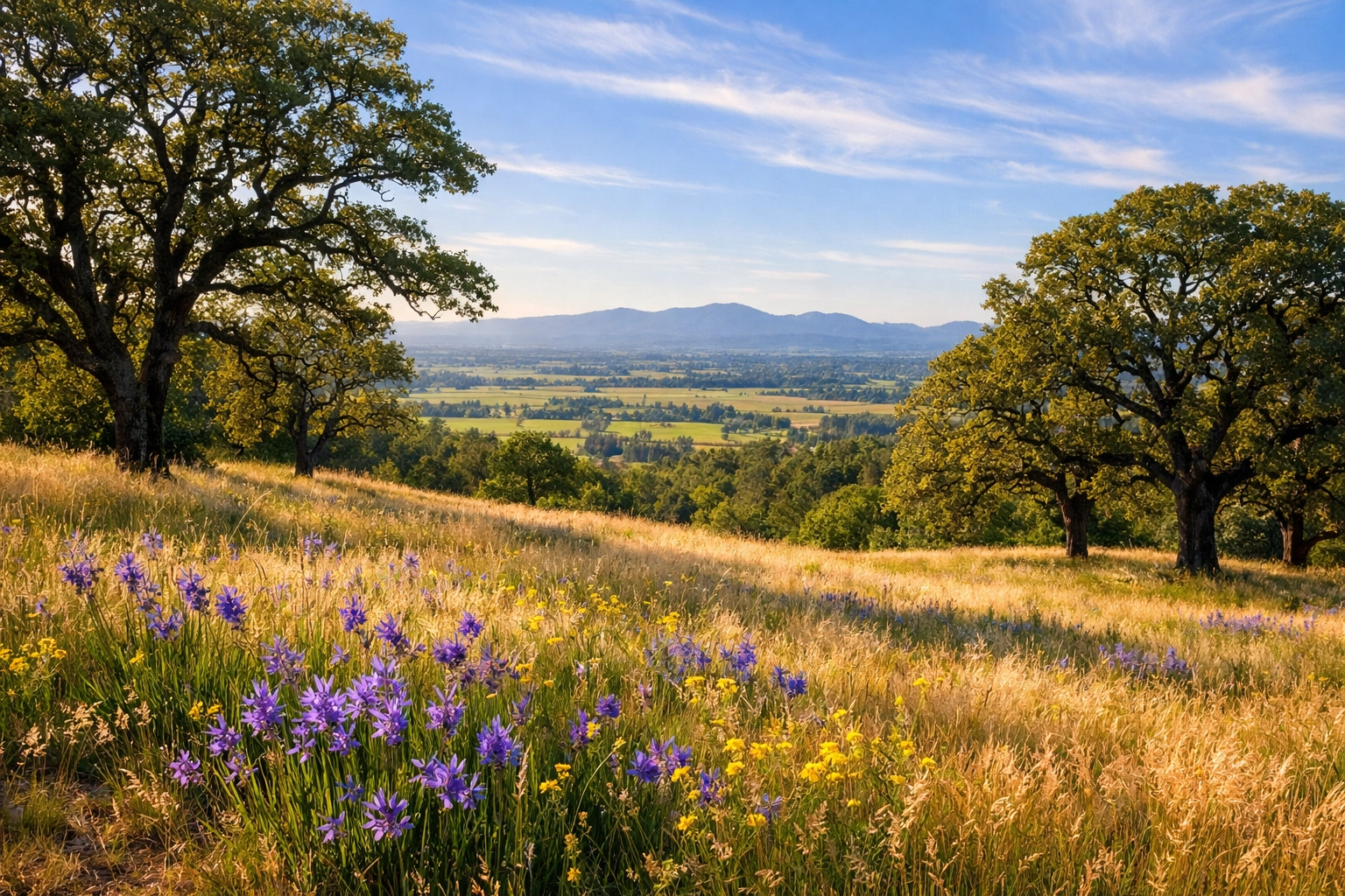 Native prairie meadow with Oregon white oak trees and panoramic valley views at Cooper Mountain Nature Park, Beaverton Oregon
