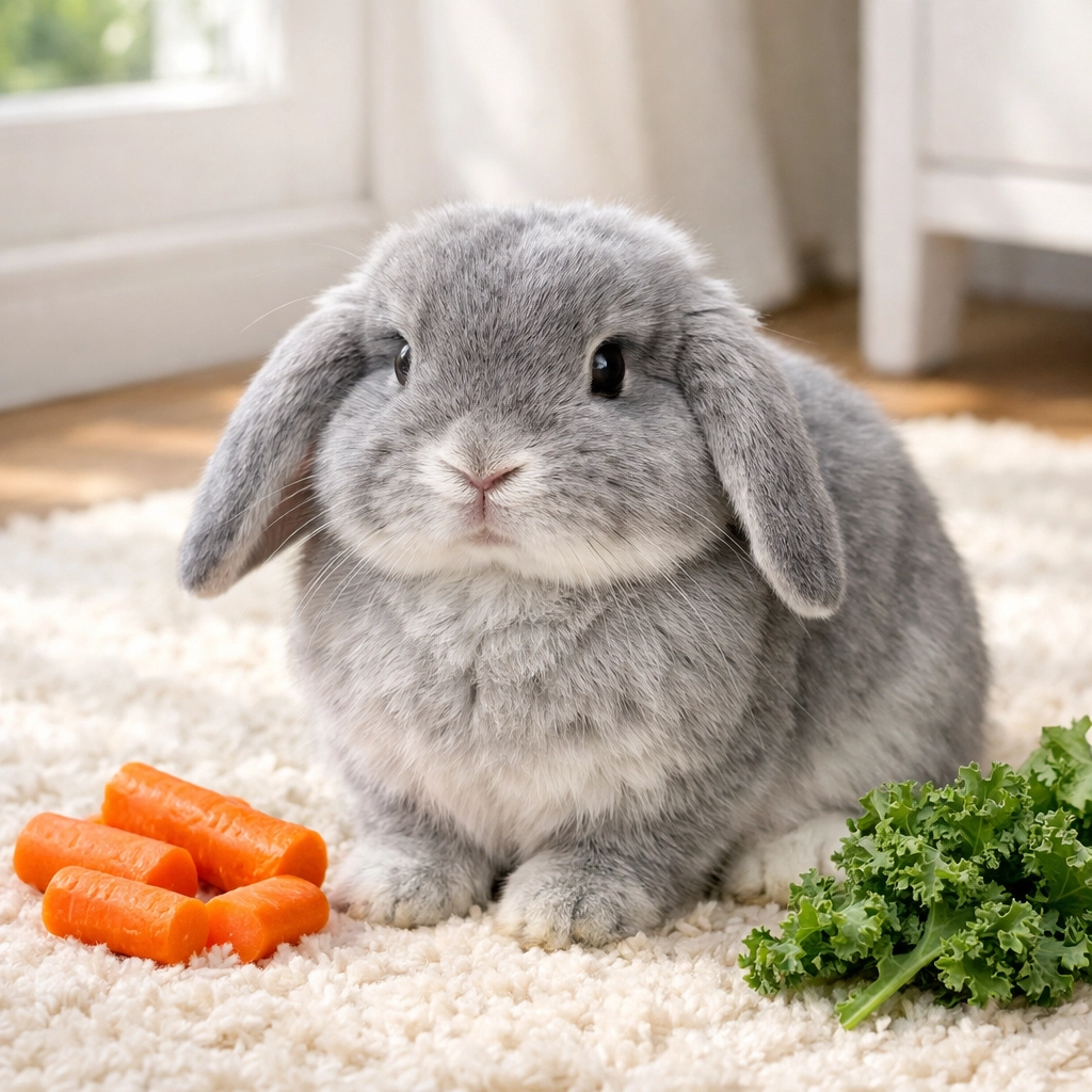 A cute grey Holland lop rabbit enjoying fresh vegetables in a peaceful home setting.