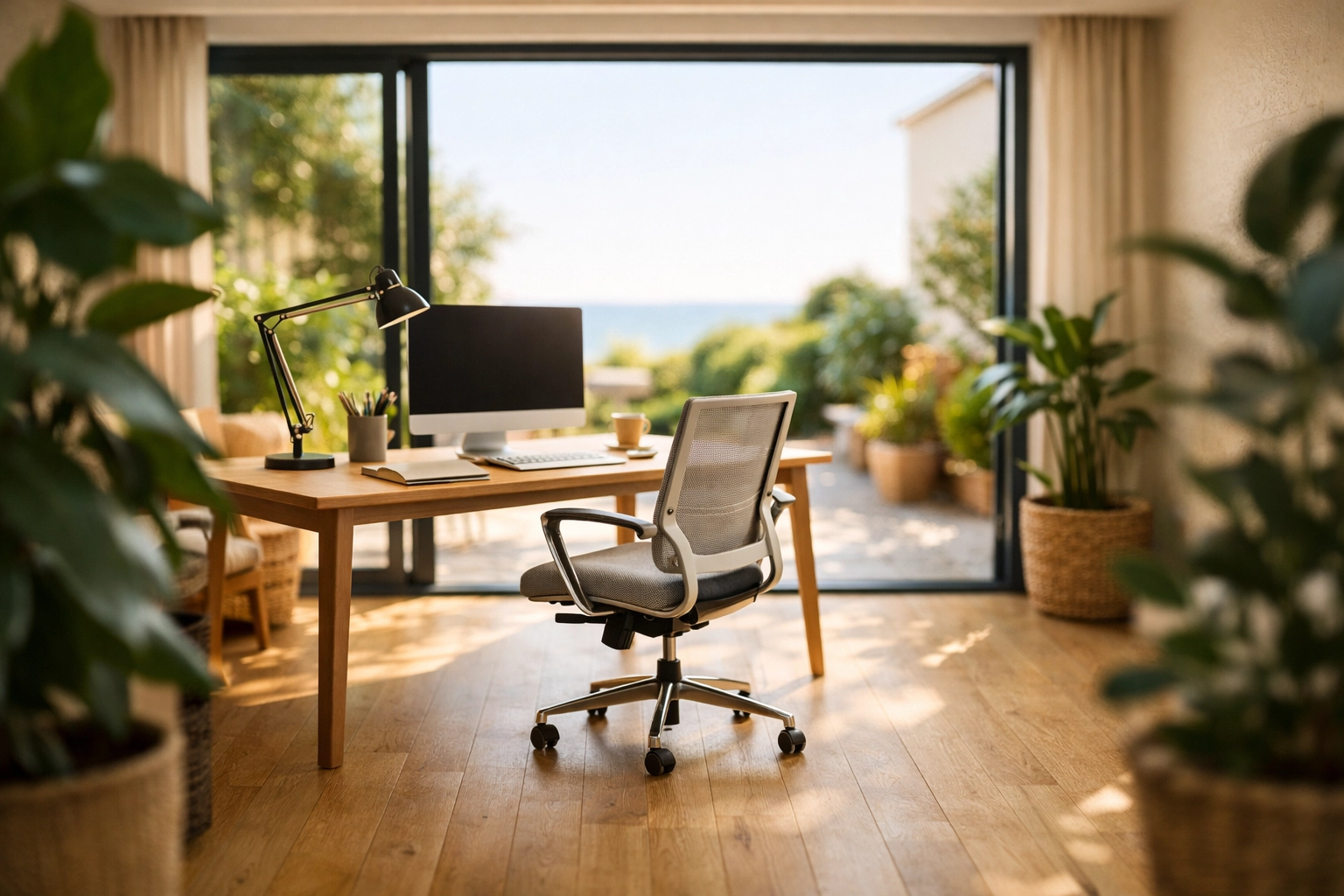 Bright home office in a Bournemouth garage conversion with oak floors and glass doors.