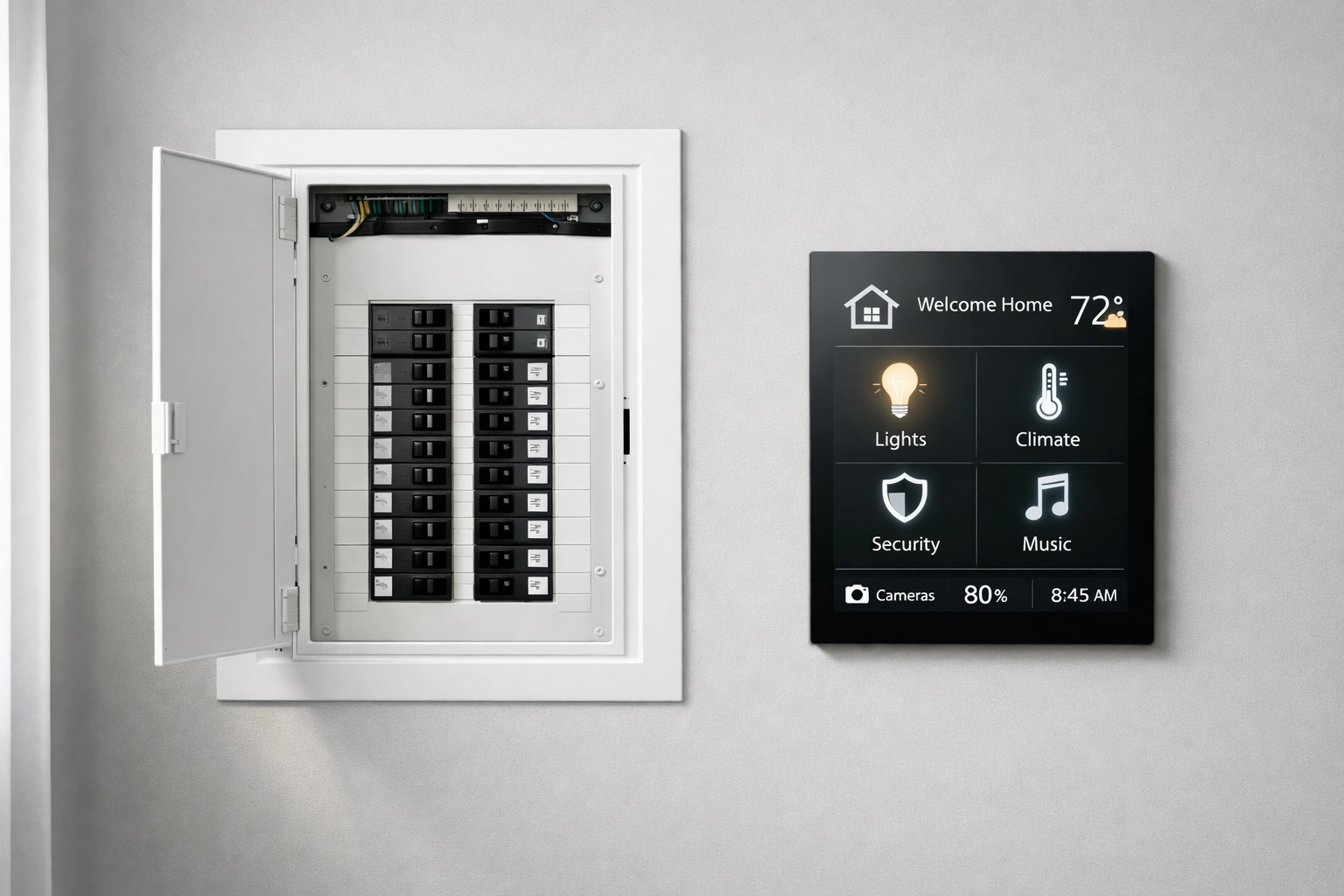 A high-end electrical panel upgrade integrated with a smart home touchscreen interface for modern living.