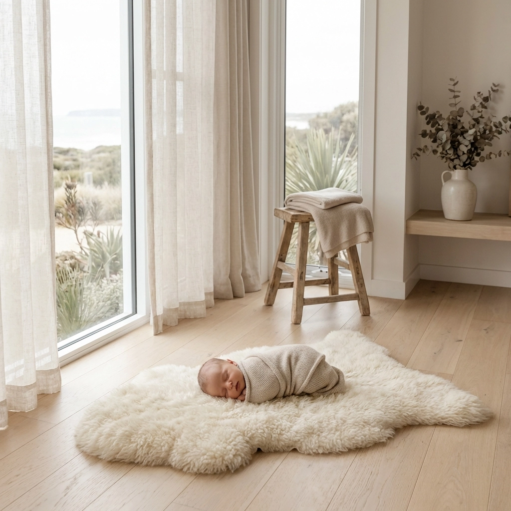 Sleeping newborn baby on a sheepskin rug in a warm, sun-drenched Northern Beaches photography studio.