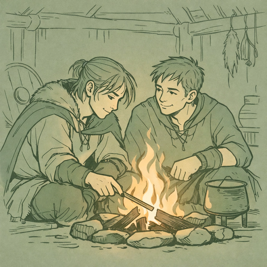 Viking men by the fire in a Norse longhouse - intimate moment from gay historical romance