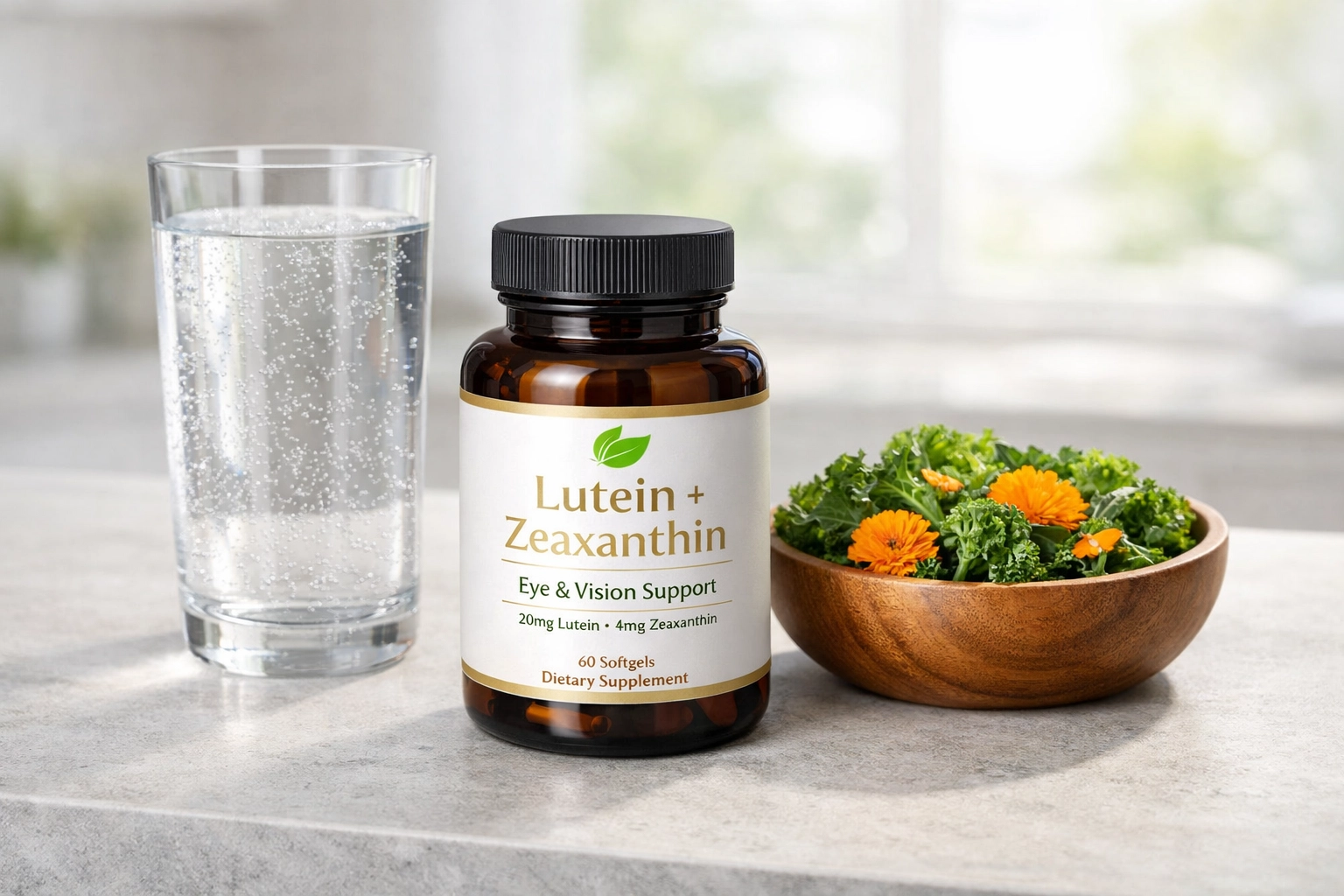 Esmond Natural lutein complex supplement bottle with fresh kale for daily eye health and vision support.