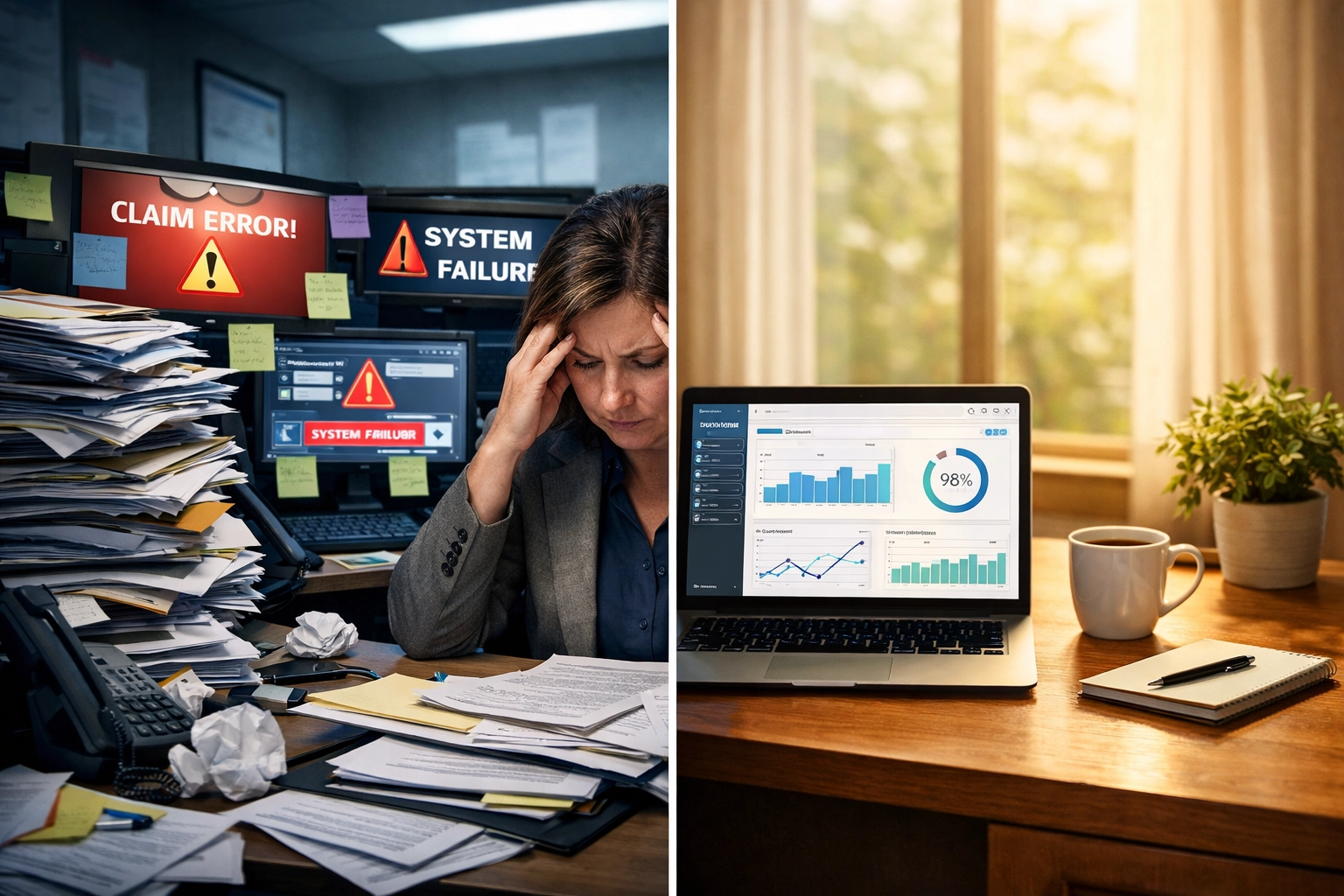 The Hidden Cost of Billing Transitions: How Onboarding Backlogs Drain Your Revenue Split view comparing chaotic billing desk with errors versus organized revenue cycle management